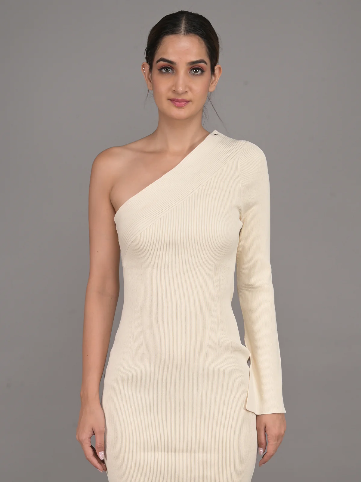 Odette Cream Textured One Shoulder Stitched Dress for Women - Image 4
