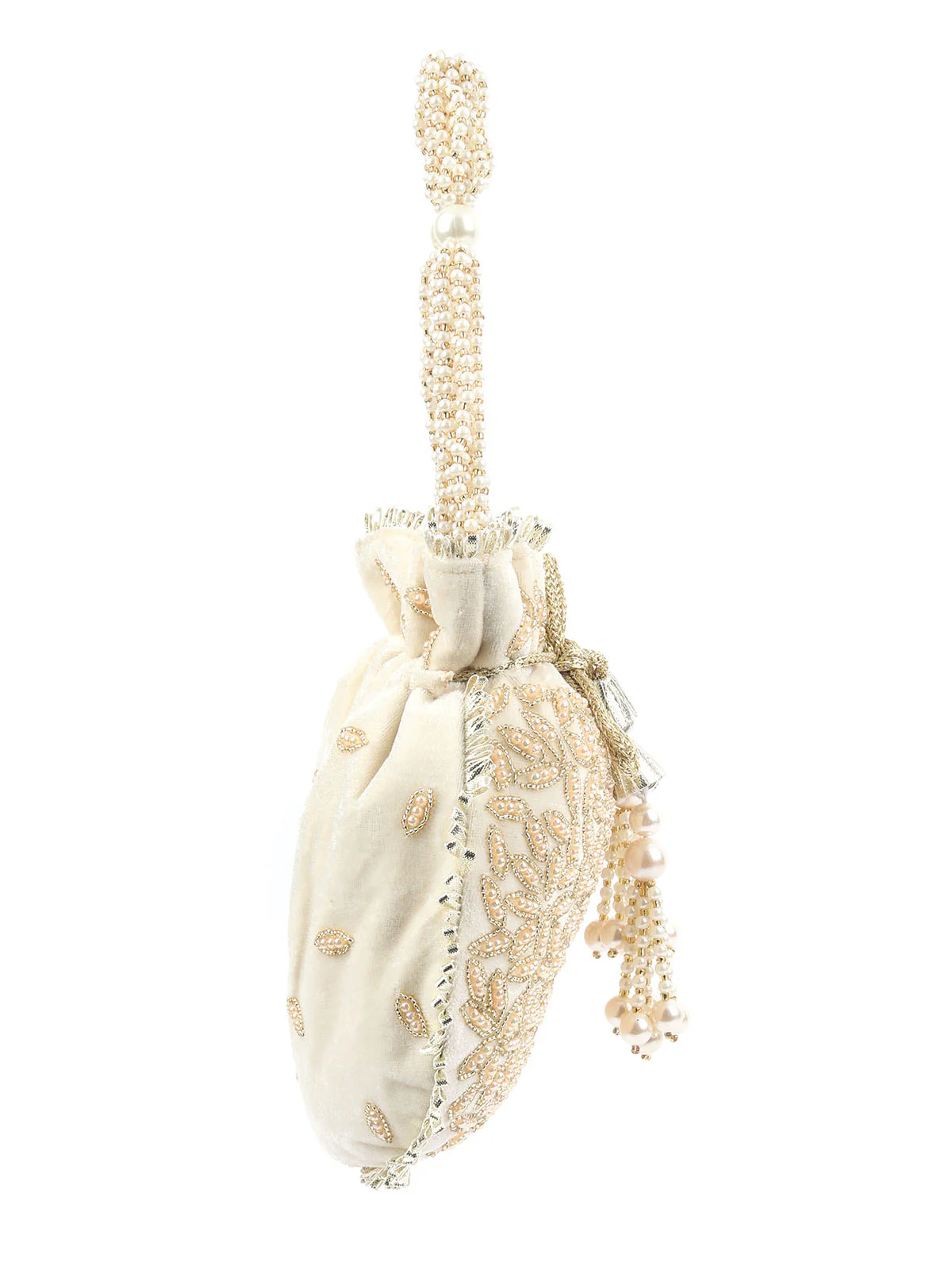 Odette Cream Velvet Embellished Potli For Women - Image 4
