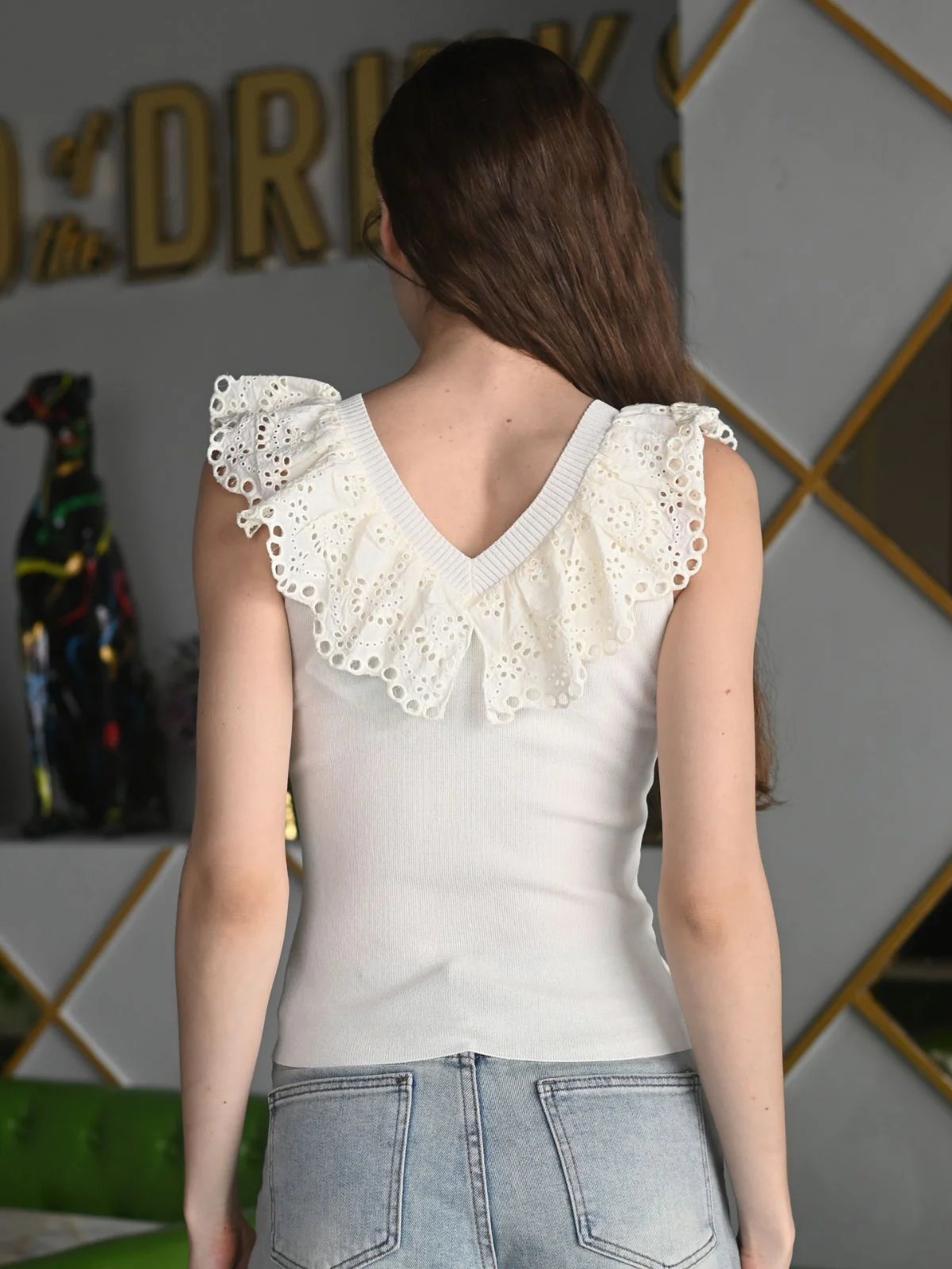 Odette Cream Viscose Knitted Lycra Solid Top For Women - Image 4