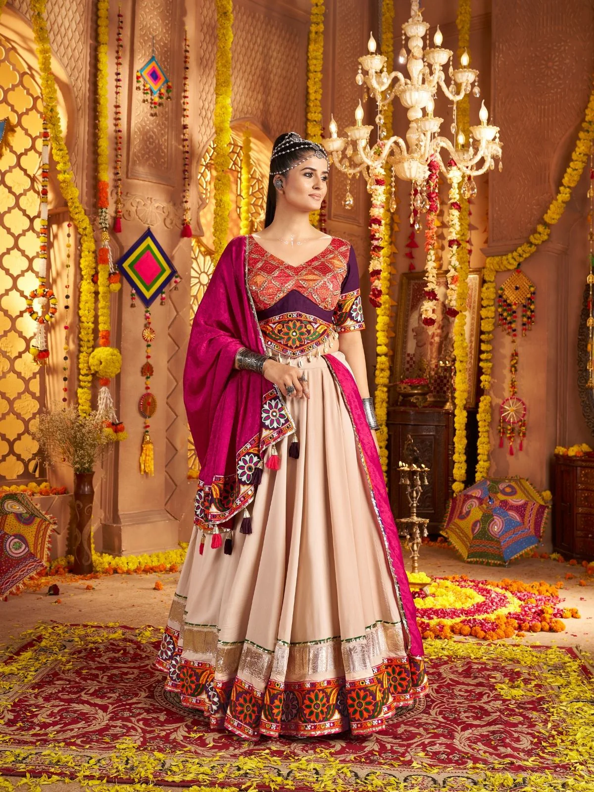 Odette Cream Viscose Rayon Embroidered Semi-Stitched lehenga With Stunning Tassels For Women