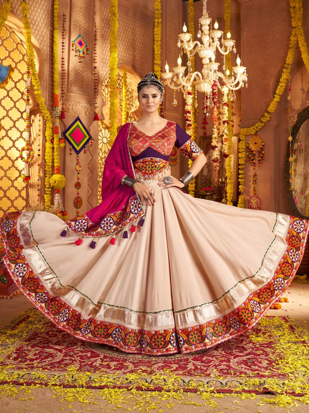 Odette Cream Viscose Rayon Embroidered Semi-Stitched lehenga With Stunning Tassels For Women - Image 2
