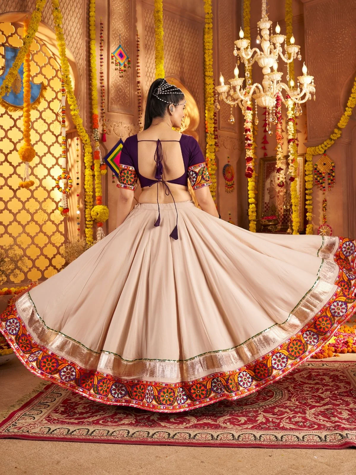 Odette Cream Viscose Rayon Embroidered Semi-Stitched lehenga With Stunning Tassels For Women - Image 5
