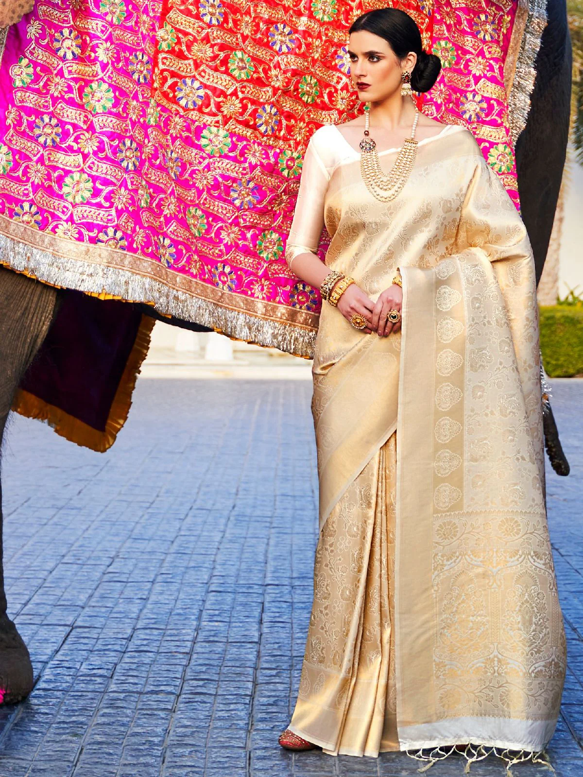 Odette Cream Woven Design Silk Blend Saree With Unstitched Blouse For Women