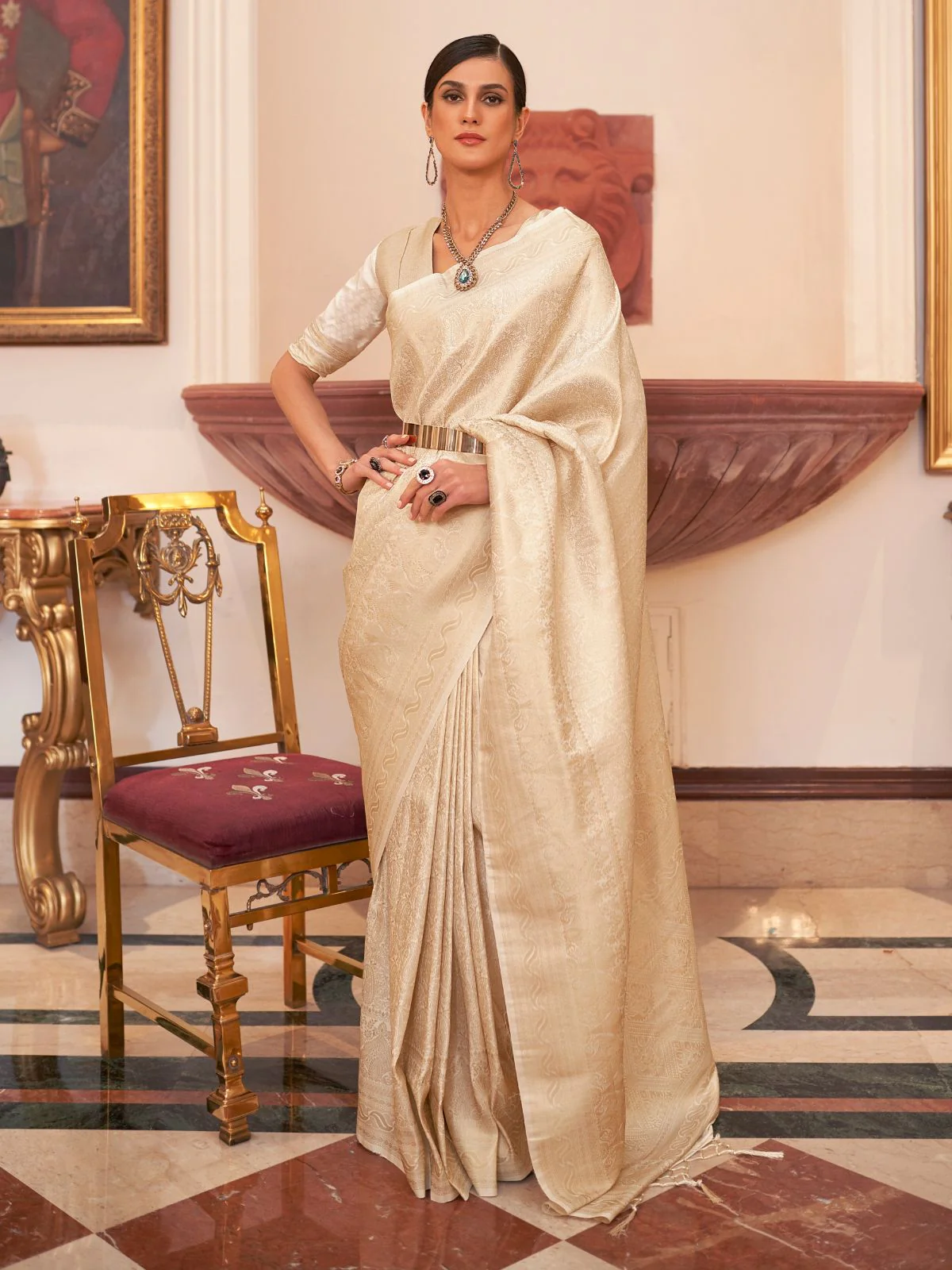 Odette Cream Woven Design Silk Blend Saree With Unstitched Blouse For Women