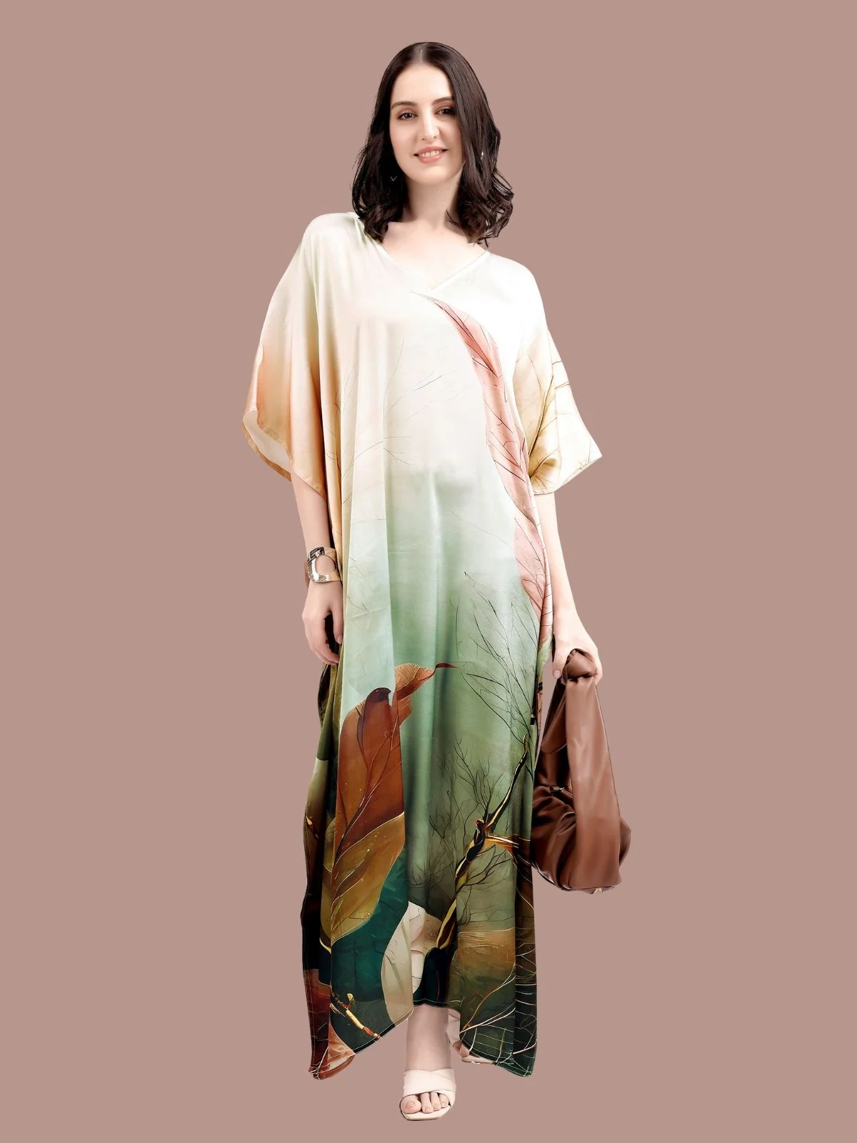 Odette Cream And Green Satin Printed Kaftan For Women