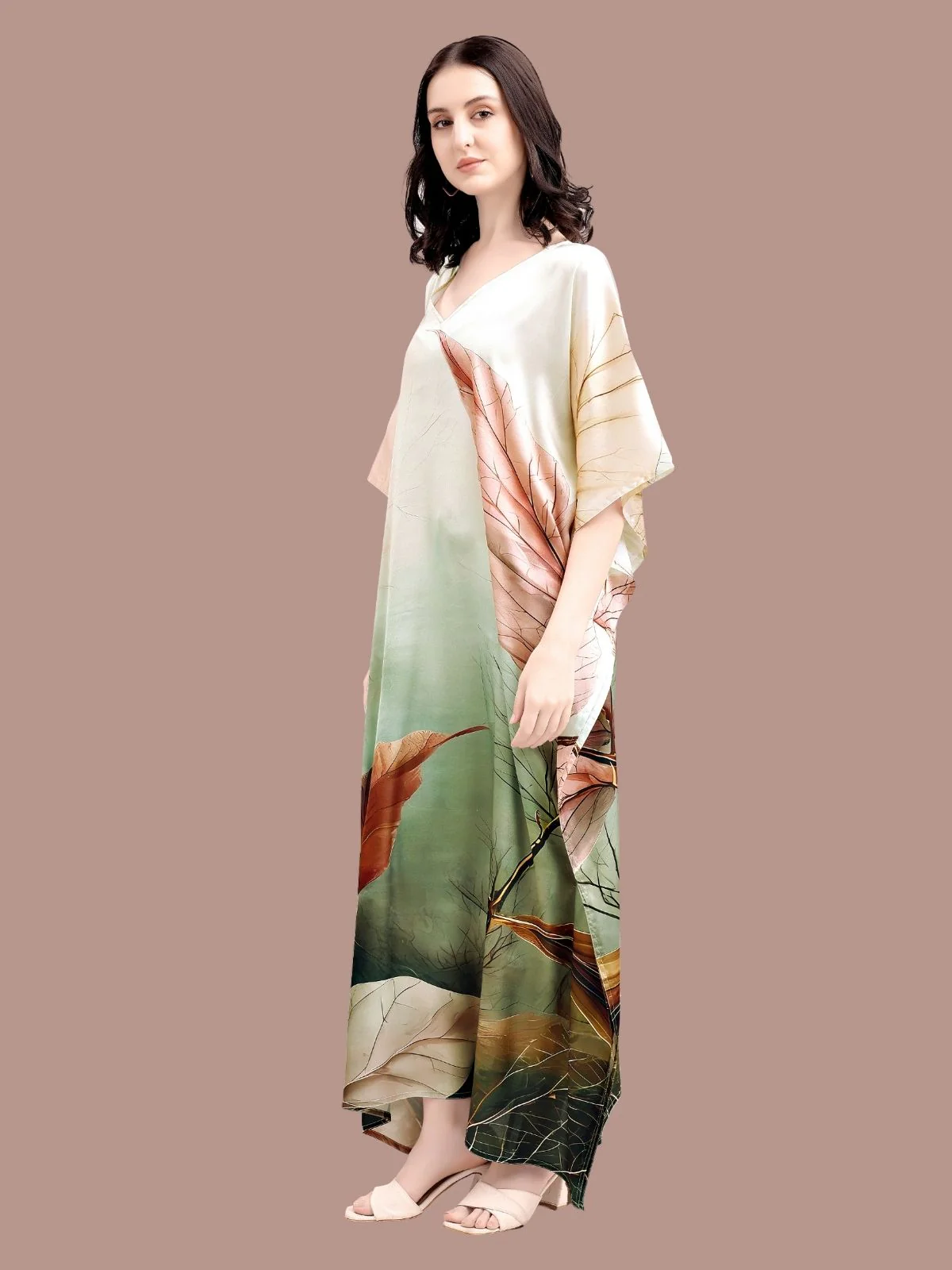 Odette Cream And Green Satin Printed Kaftan For Women - Image 2