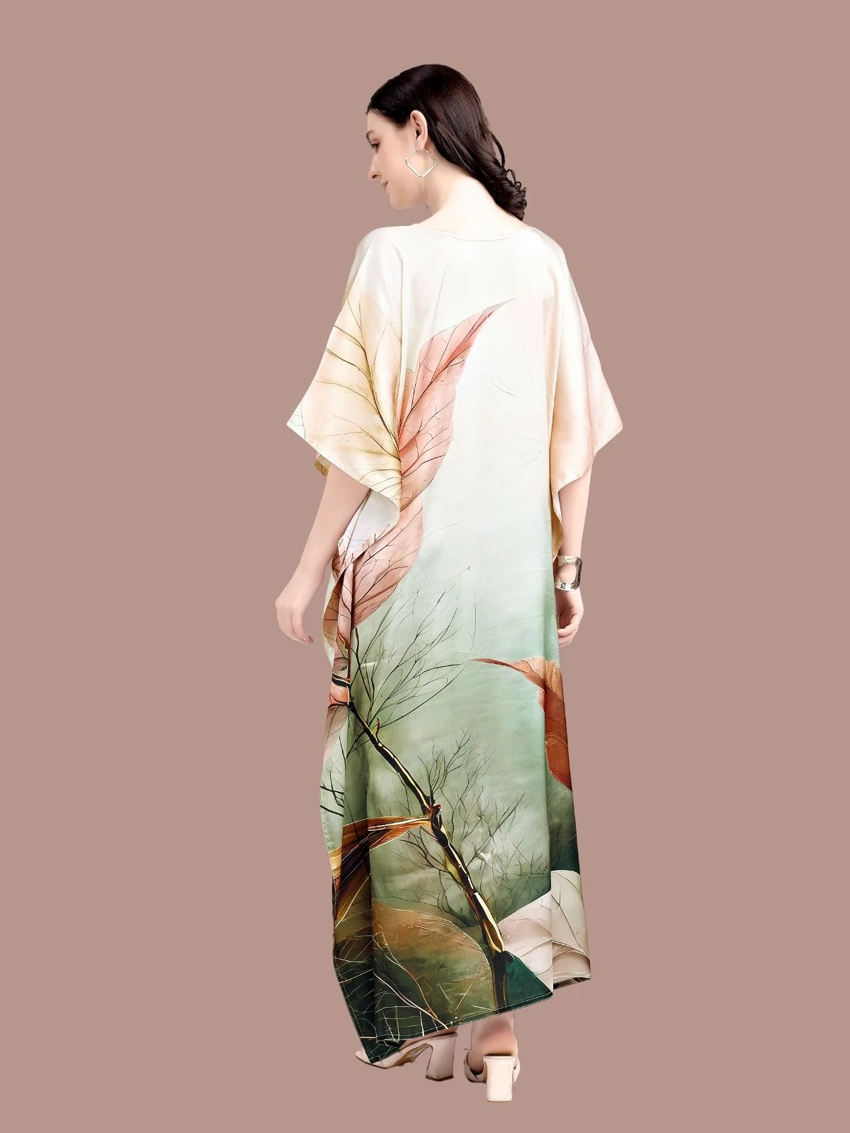 Odette Cream And Green Satin Printed Kaftan For Women - Image 3