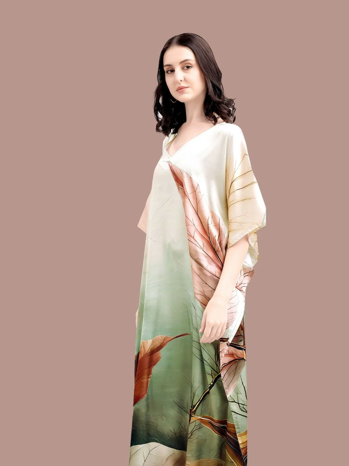 Odette Cream And Green Satin Printed Kaftan For Women - Image 4