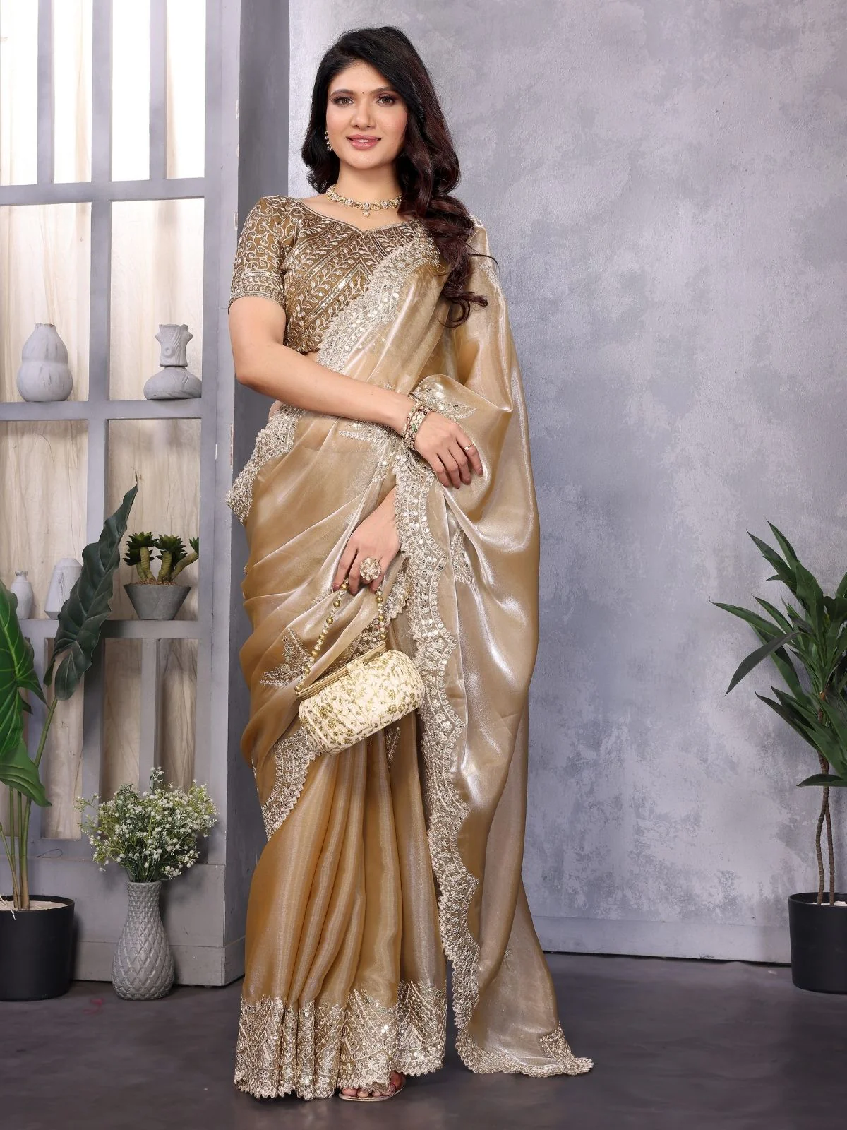 Odette Dark Beige Chiffon Embroidered Saree For Women