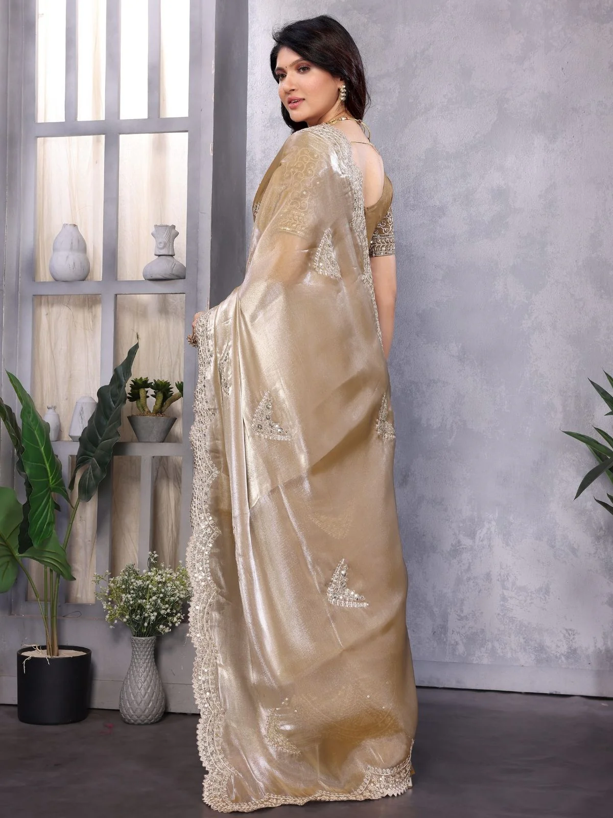 Odette Dark Beige Chiffon Embroidered Saree For Women - Image 3