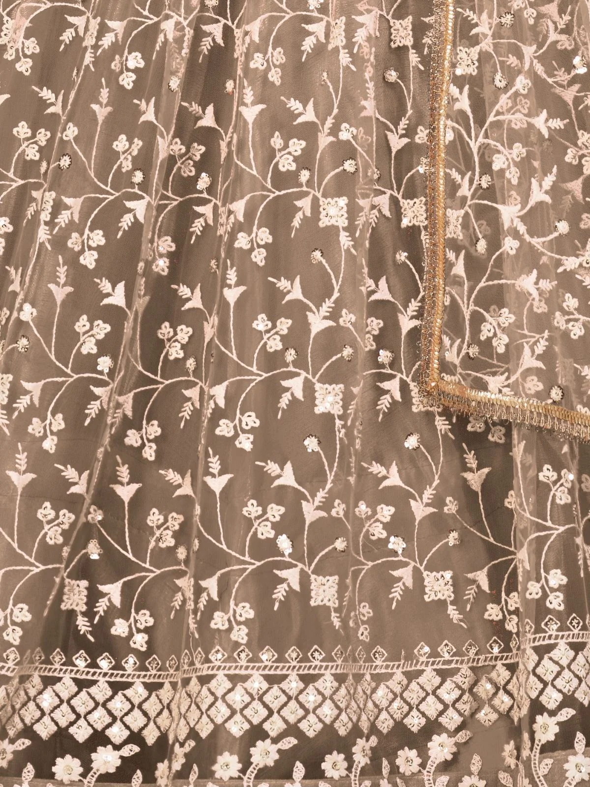 Odette Dark Beige Net Embroidered Semi Stitched Lehenga For Women - Image 5