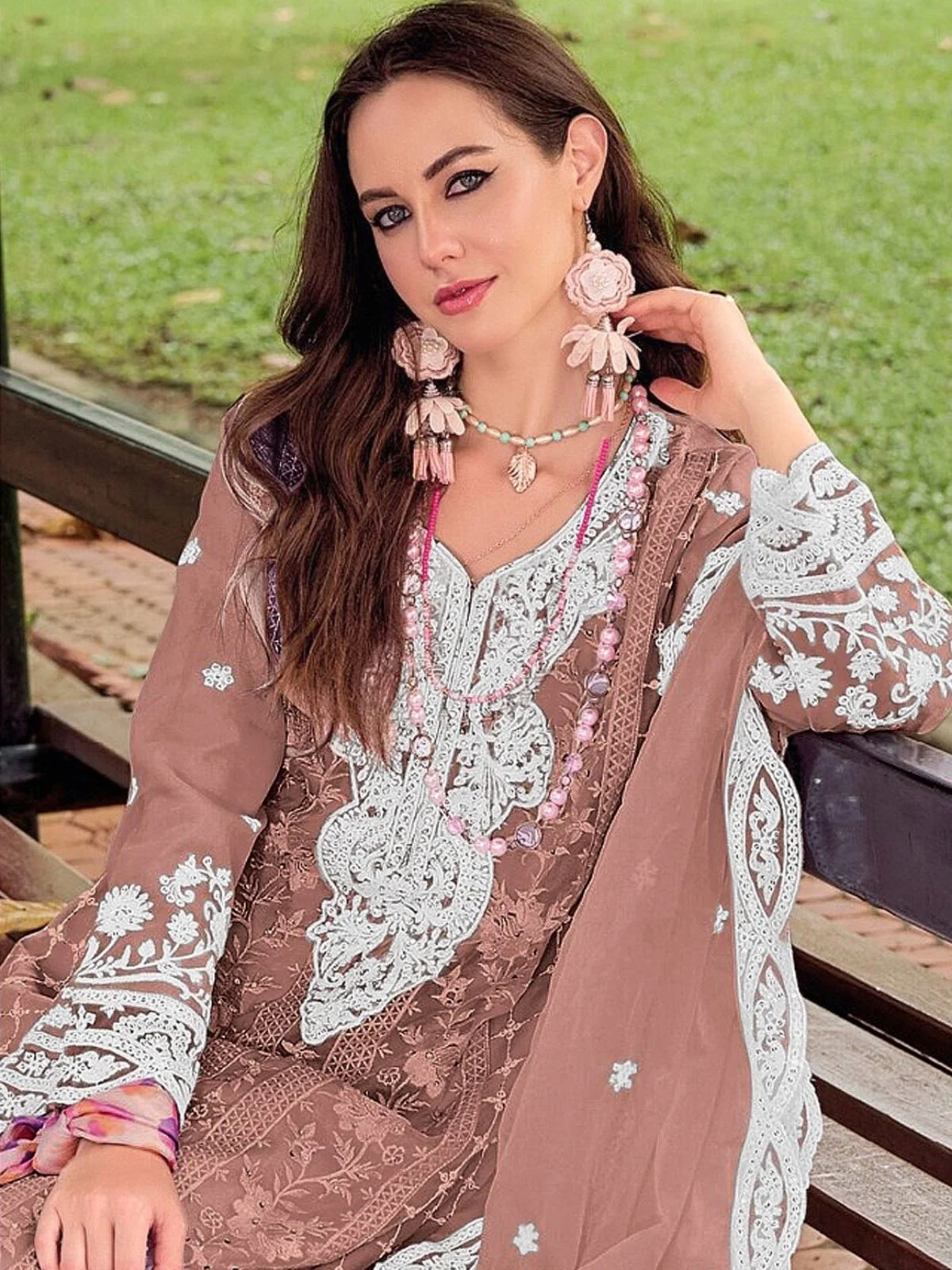Odette Dark Beige Silk Blend Embellished Semi Stitched Kurta Set For Women - Image 2