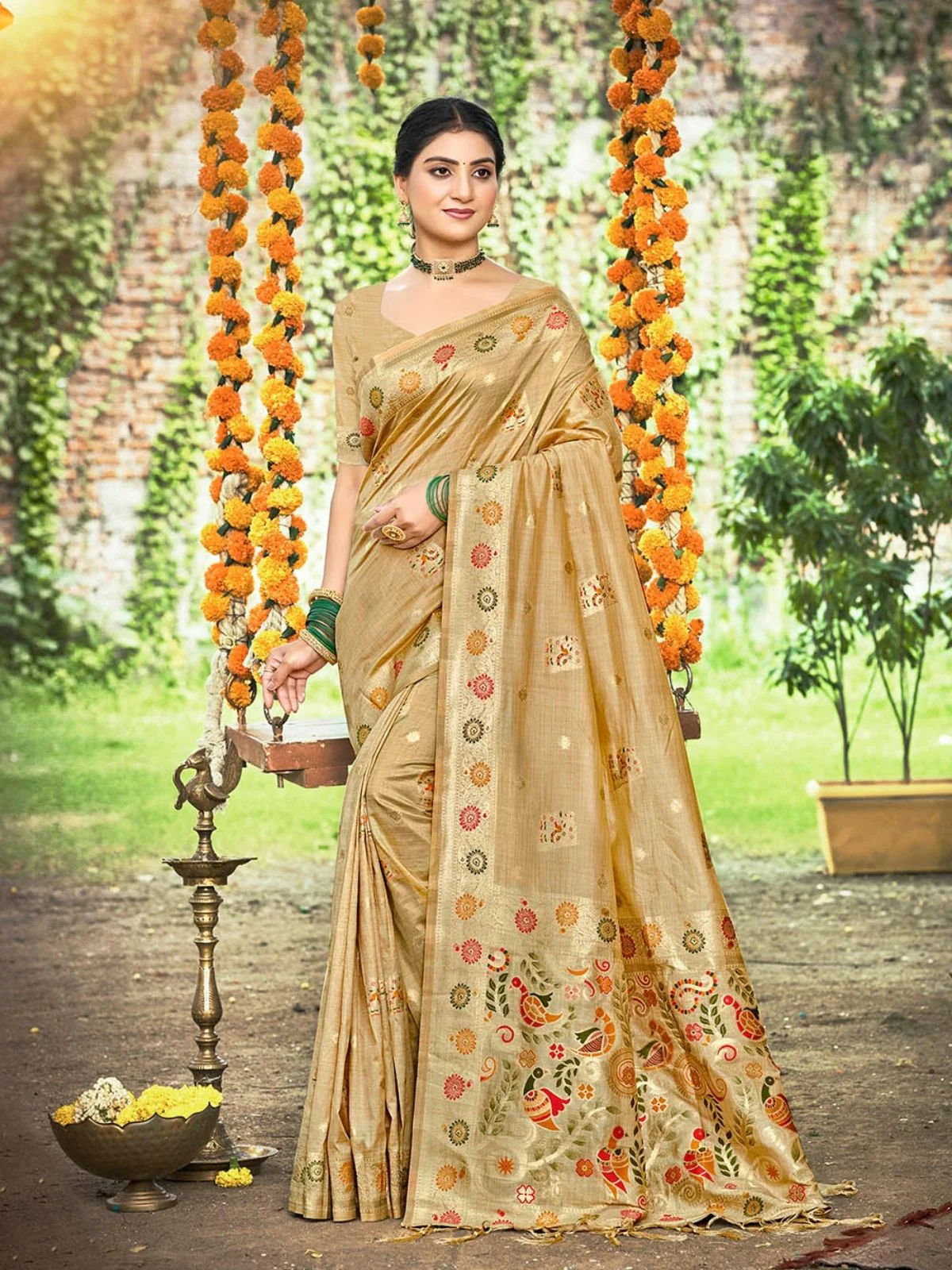 Odette Dark Beige Silk Blend Printed Saree For Women