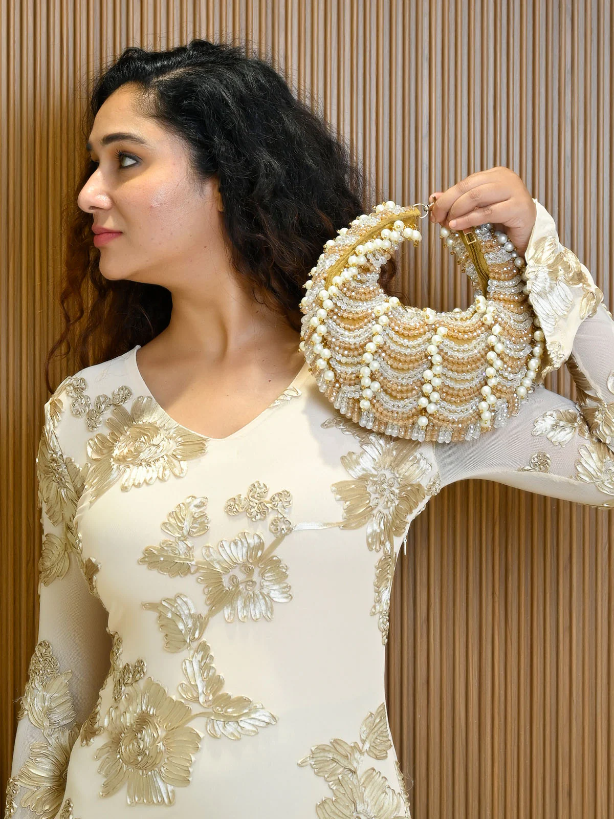 Odette Dark Beige Suede Embellished Clutch For Women