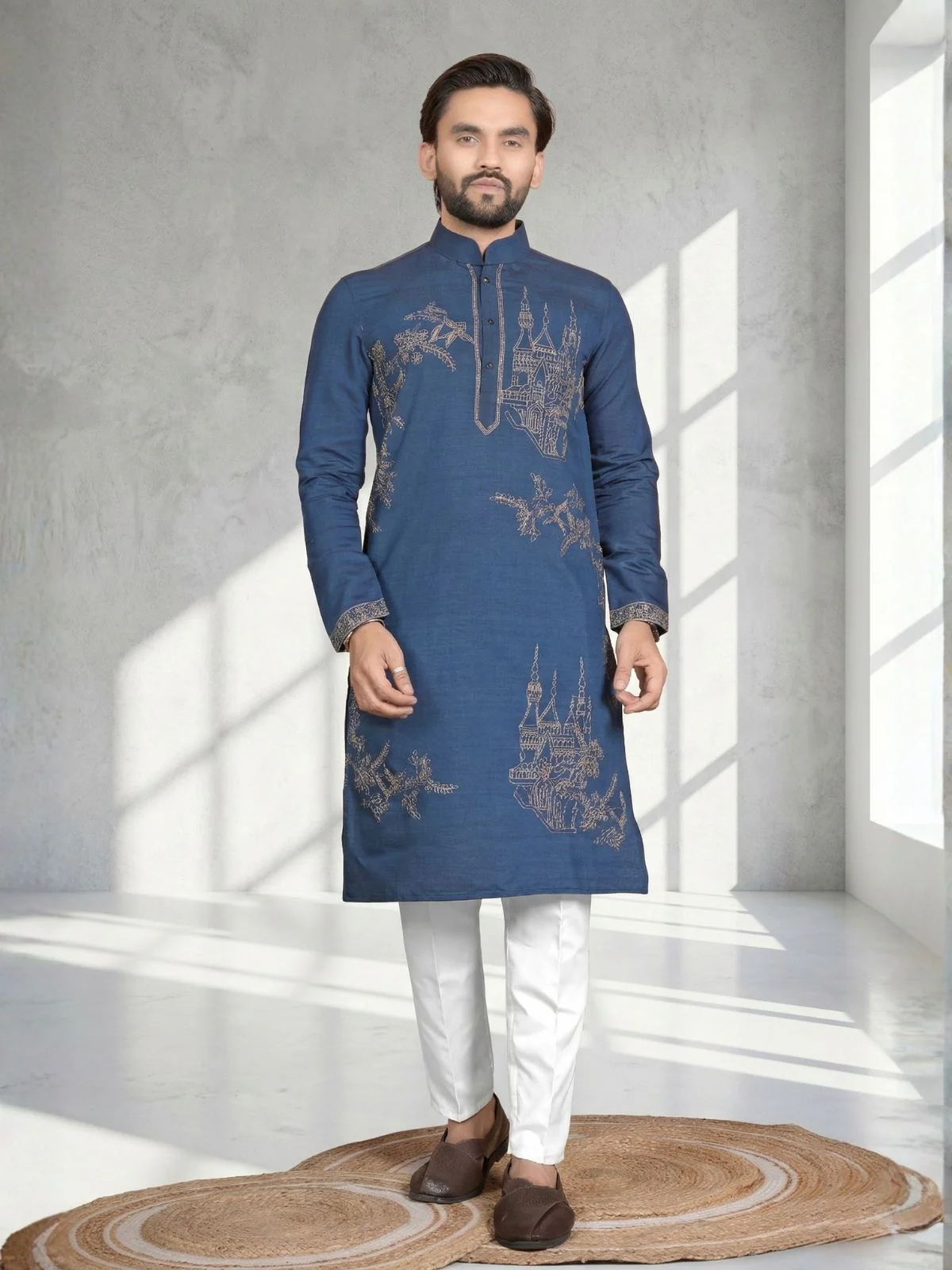 Odette Dark Blue Cotton Blend Embroidered Solid Kurta For Men
