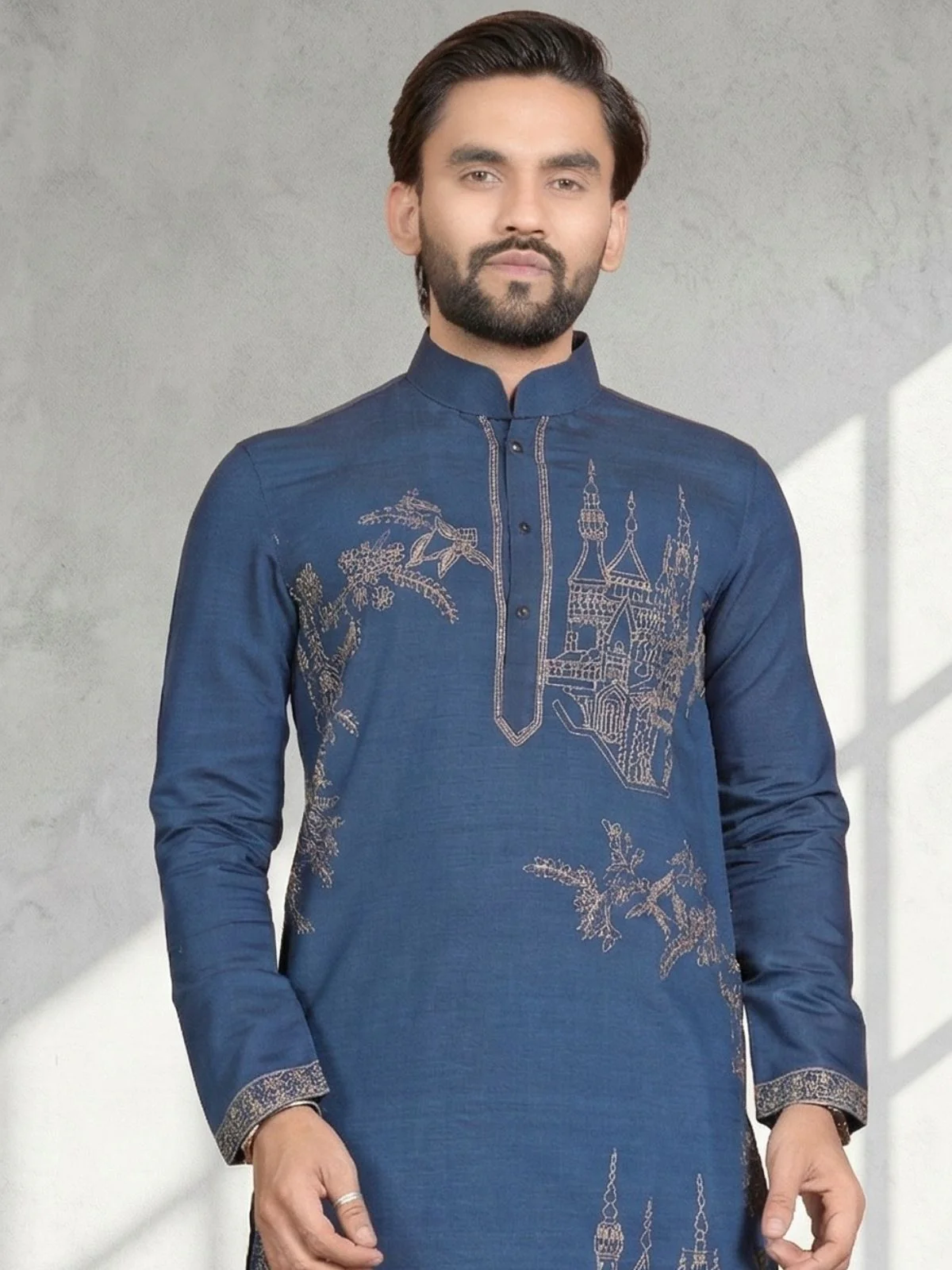 Odette Dark Blue Cotton Blend Embroidered Solid Kurta For Men - Image 5