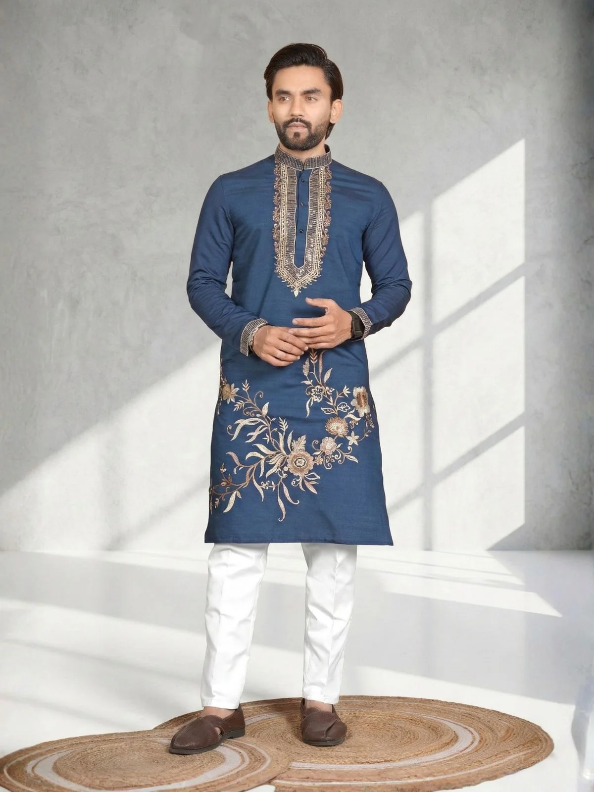 Odette Dark Blue Cotton Blend Embroidered Solid Kurta For Men