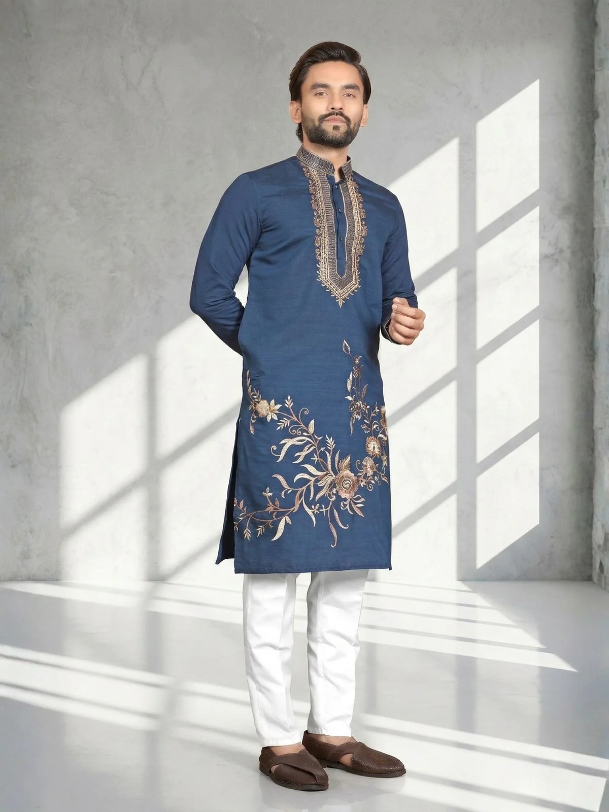 Odette Dark Blue Cotton Blend Embroidered Solid Kurta For Men - Image 2