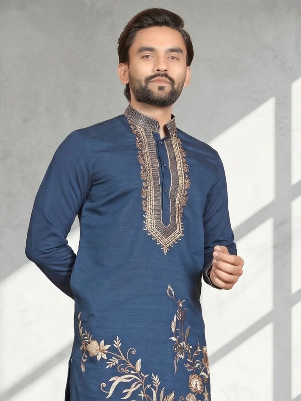 Odette Dark Blue Cotton Blend Embroidered Solid Kurta For Men - Image 5