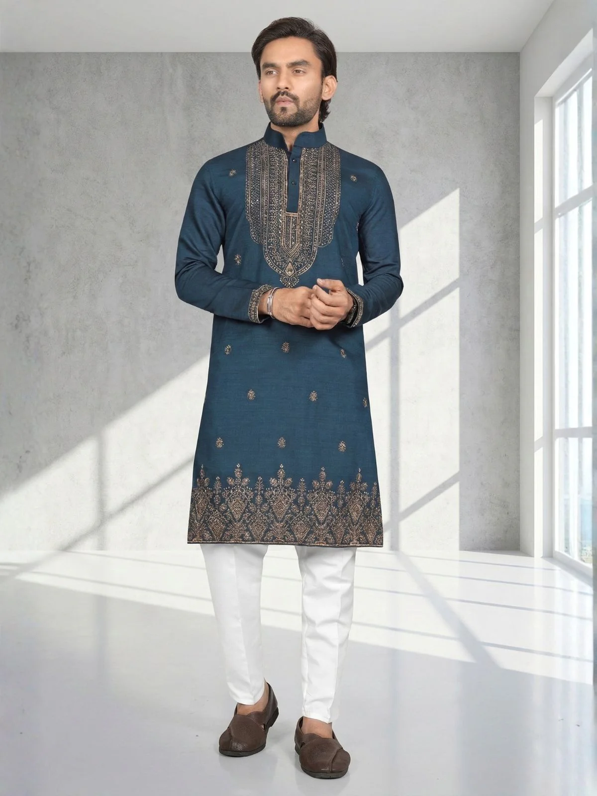 Odette Dark Blue Cotton Blend Embroidered Solid Kurta For Men