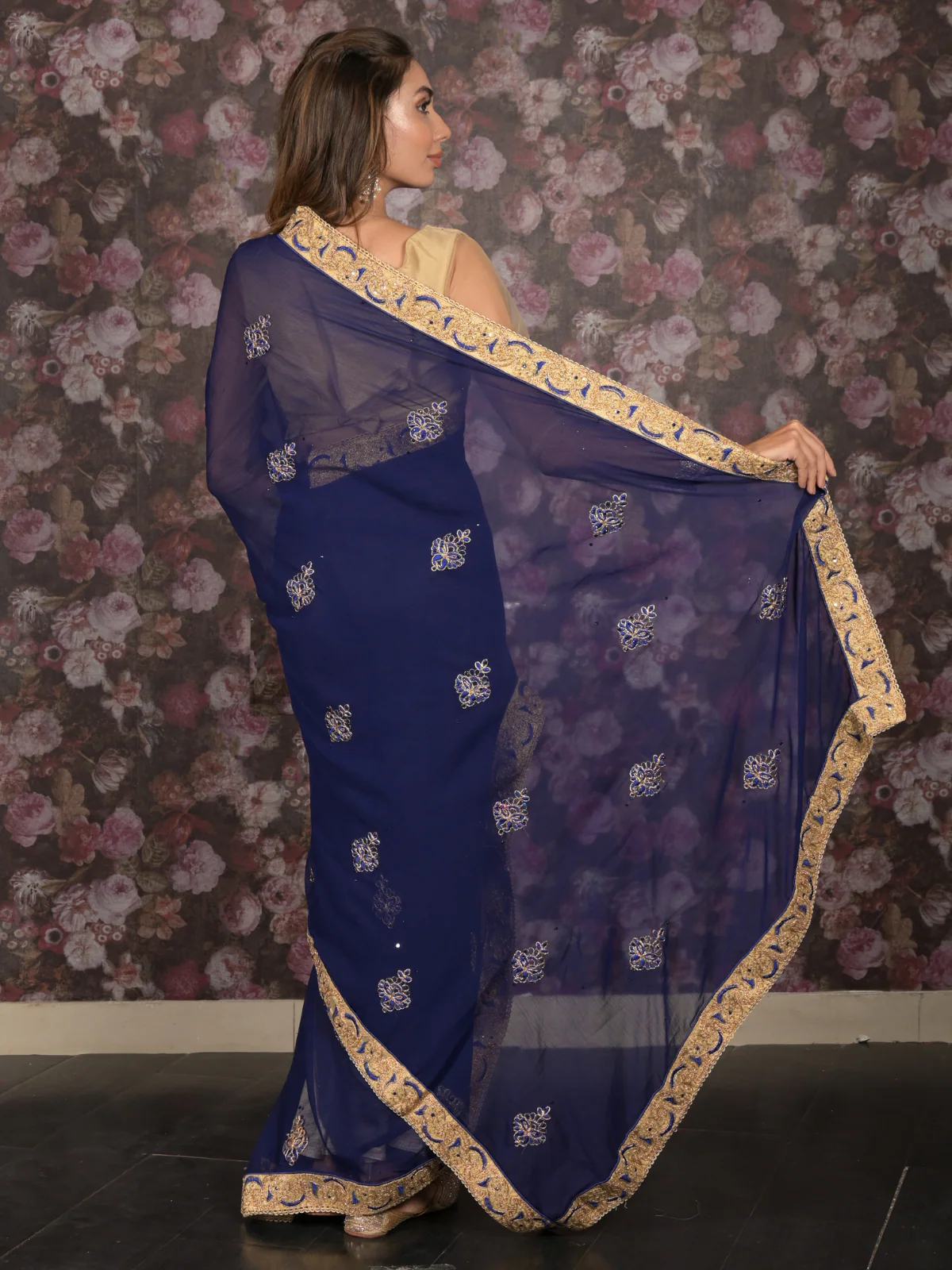 Odette Dark Blue Embroidered Chiffon Saree for Women - Image 4