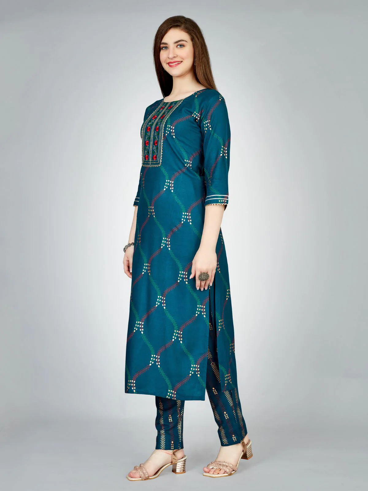 Odette Dark Blue Embroidered Rayon Stitched Kurta Set For Women - Image 3