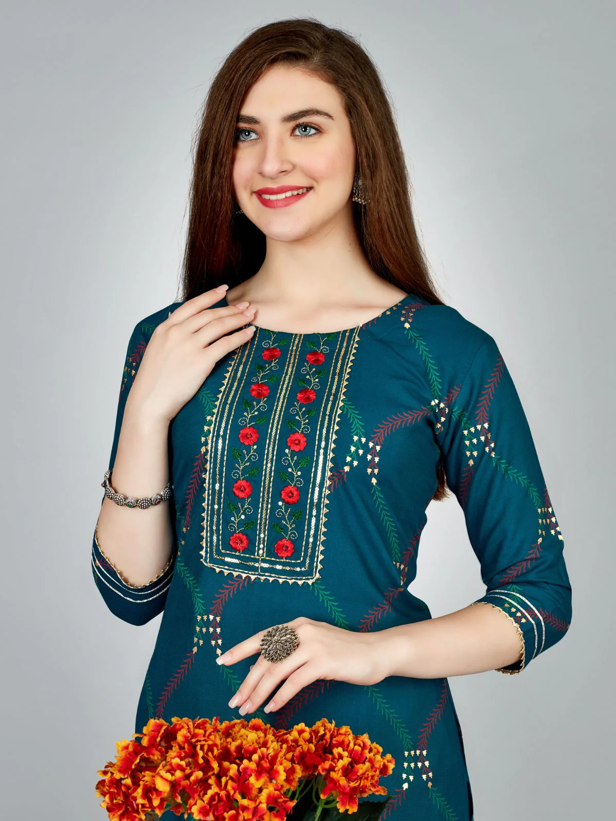 Odette Dark Blue Embroidered Rayon Stitched Kurta Set For Women - Image 4