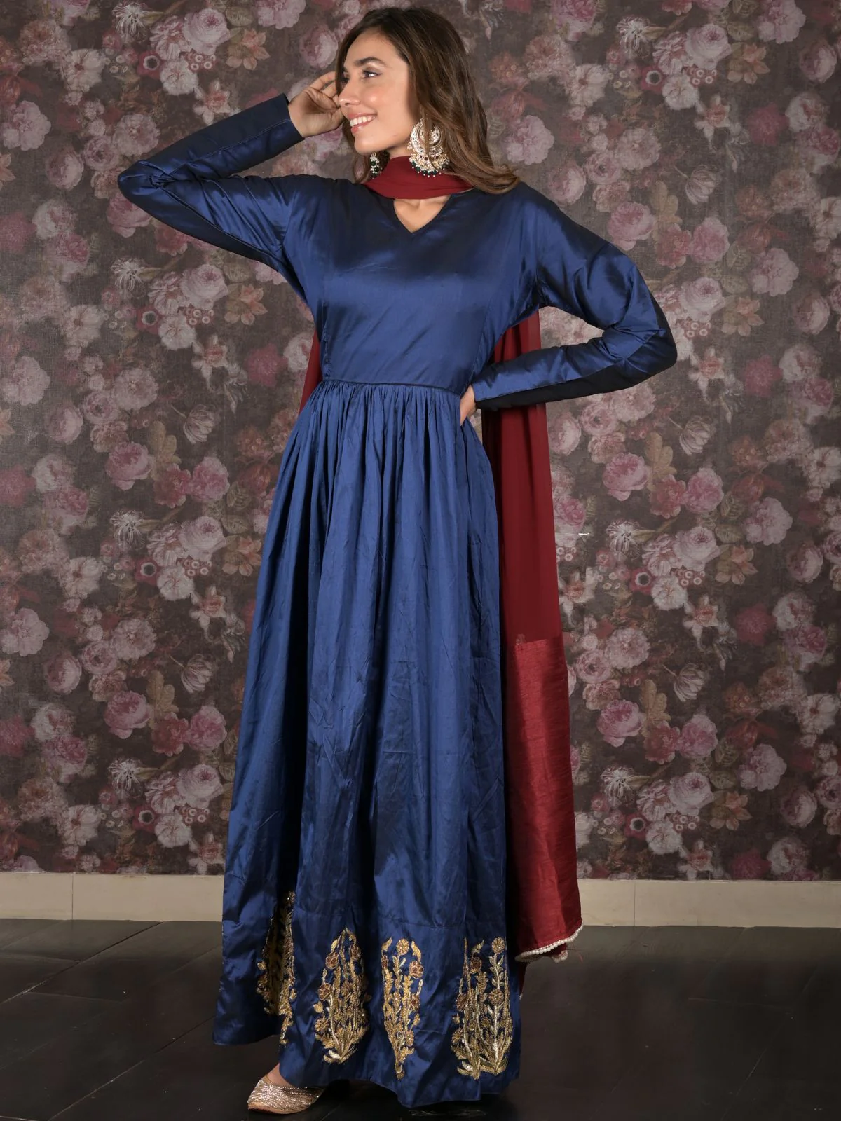 Odette Dark Blue Embroidered Stitched Flared Long Anarkali Gown With Dupatta For Women - Image 2