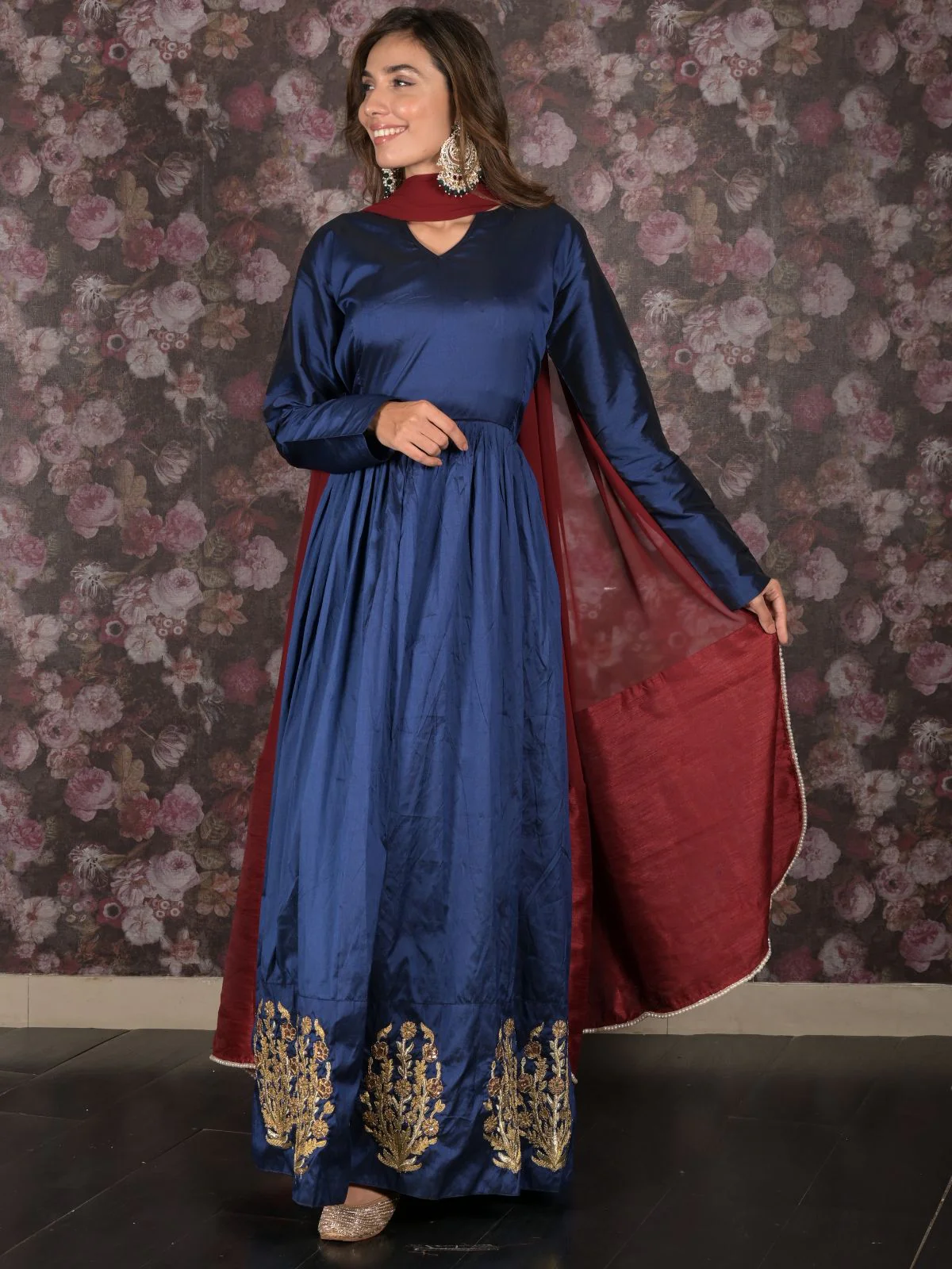 Odette Dark Blue Embroidered Stitched Flared Long Anarkali Gown With Dupatta For Women - Image 3