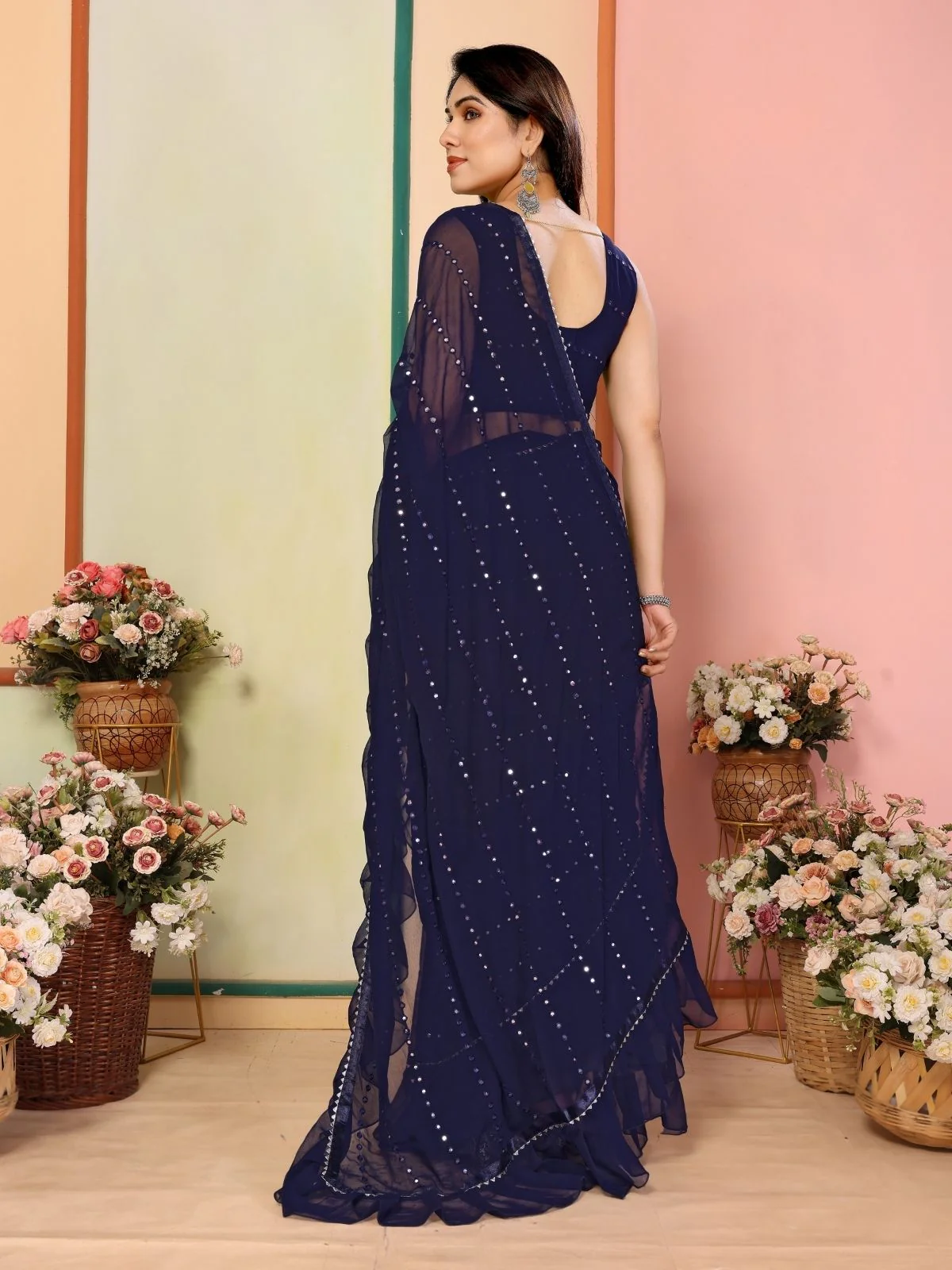 Odette Dark Blue Georgette Embellished Saree For Women - Image 3