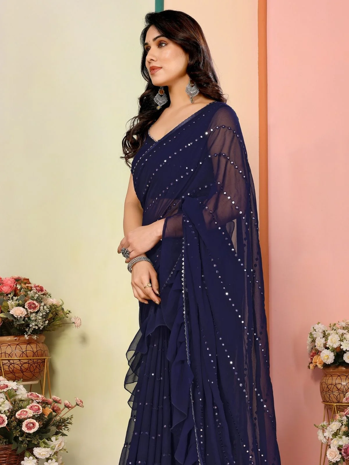 Odette Dark Blue Georgette Embellished Saree For Women - Image 4