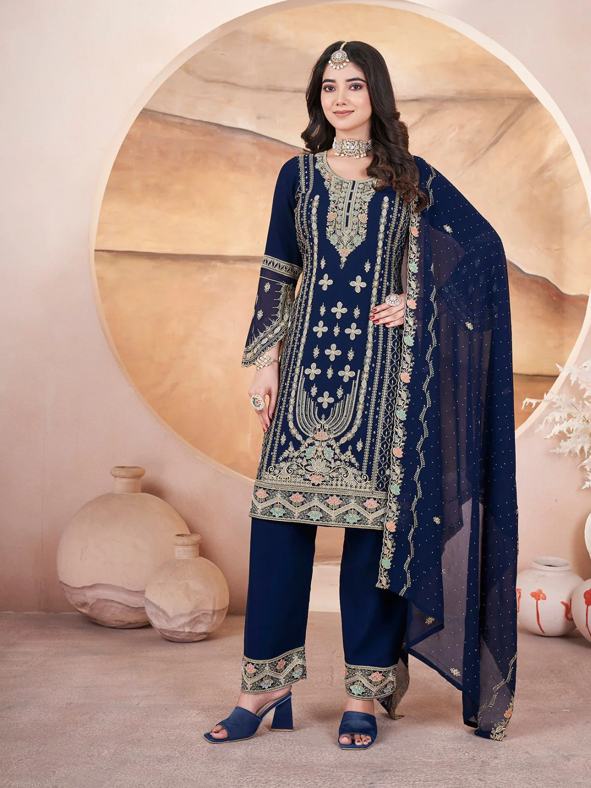 Odette Dark Blue Georgette Embroidered Stitched Kurta Set For Women - Image 2