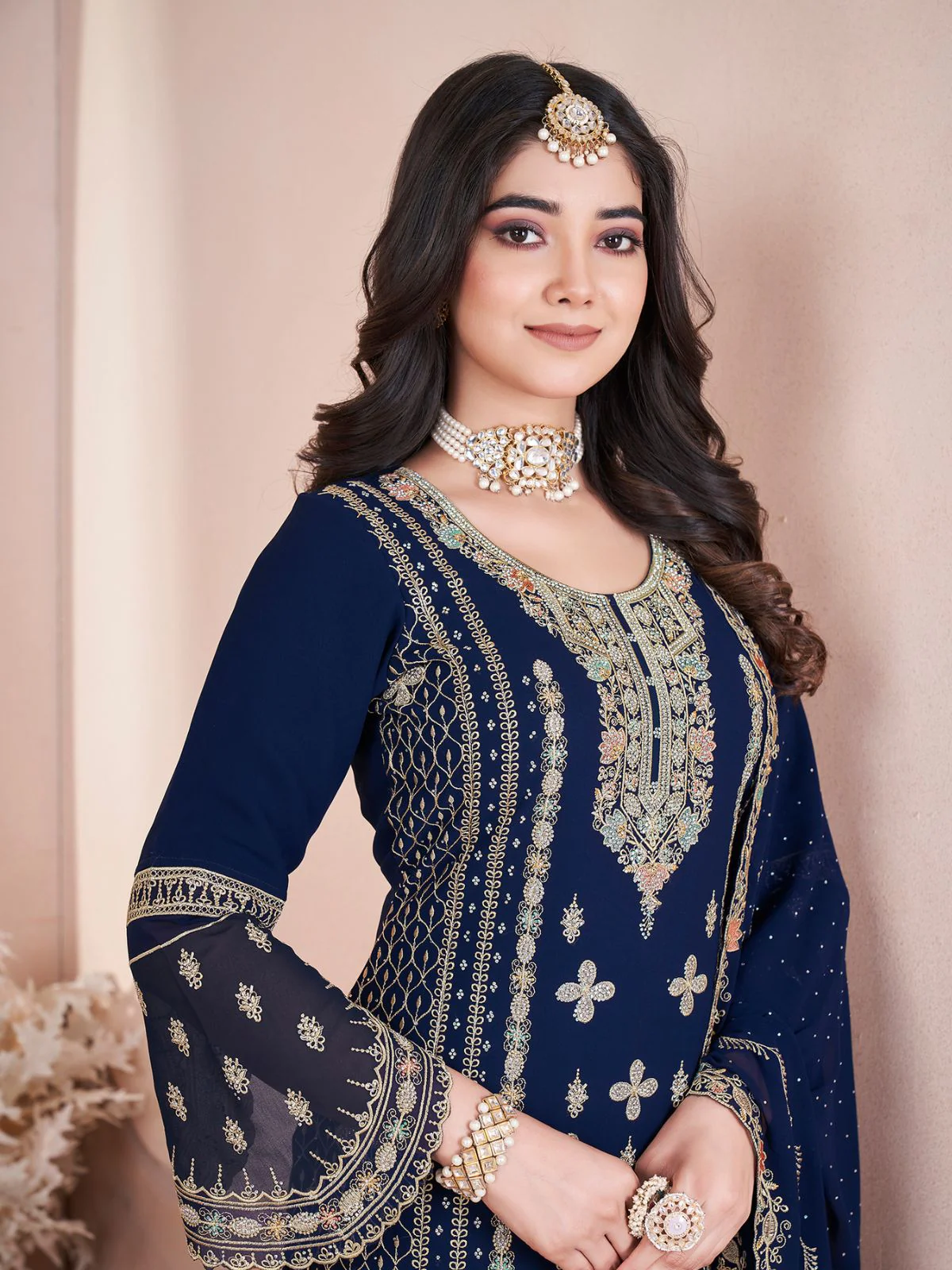 Odette Dark Blue Georgette Embroidered Stitched Kurta Set For Women - Image 4