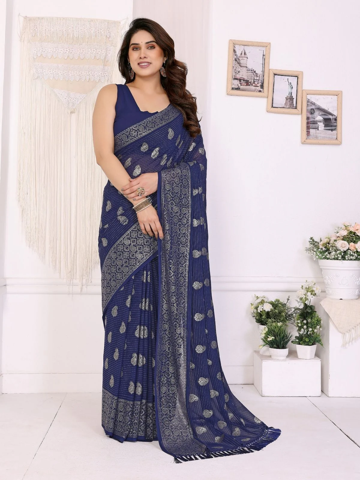 Odette Dark Blue Georgette Printed Saree For Women