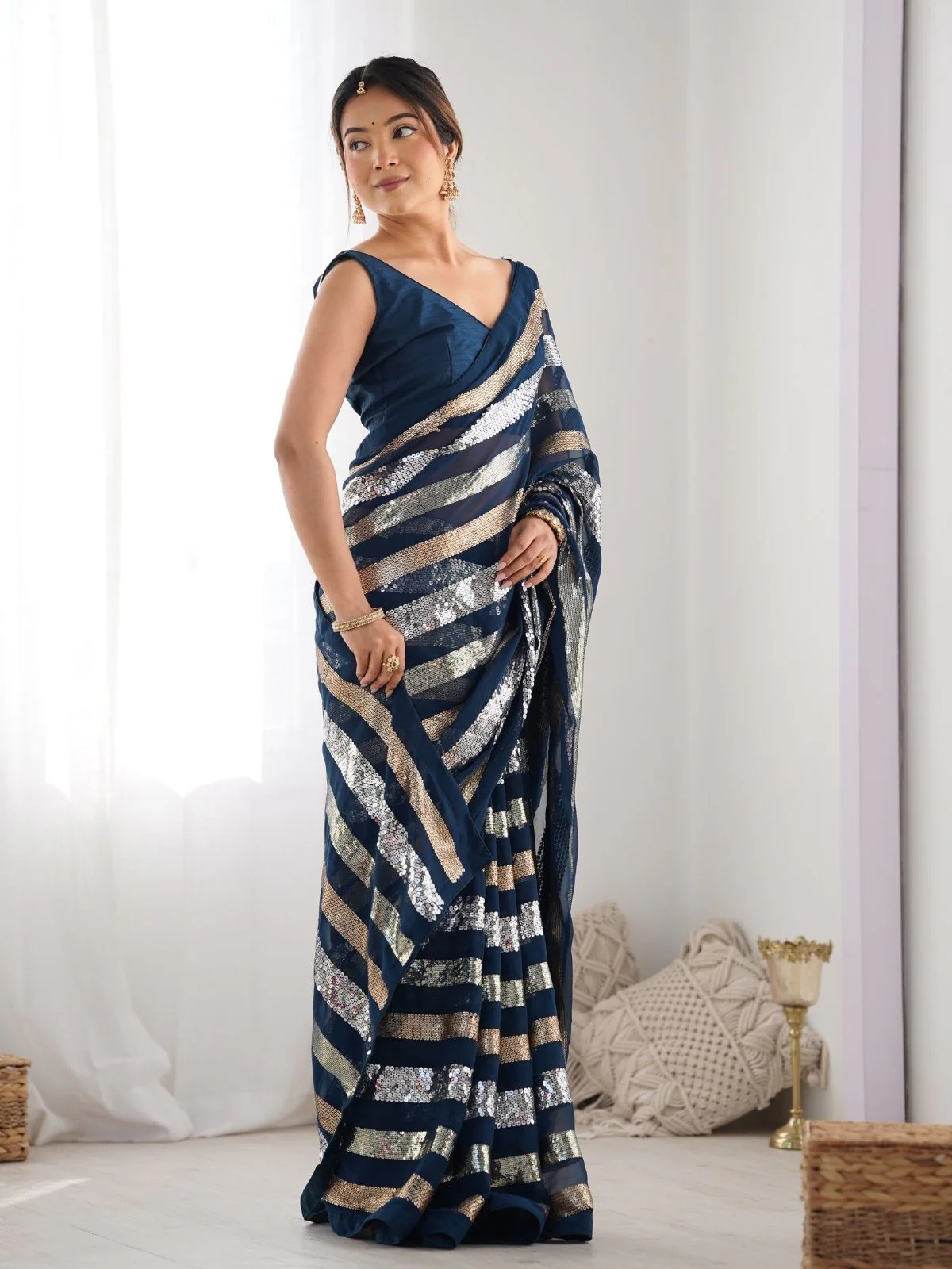 Odette Dark Blue Georgette Sequins Saree With Unstitched Blouse For Women - Image 2