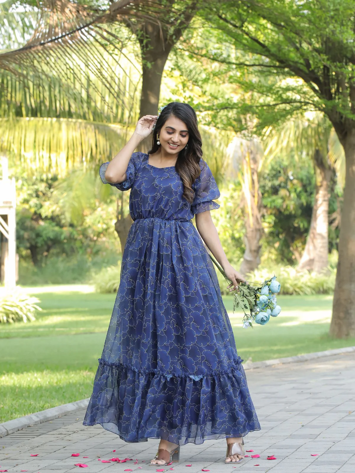 Odette Dark Blue Georgette Stitched Printed Indo Western Dress For Women - Image 3