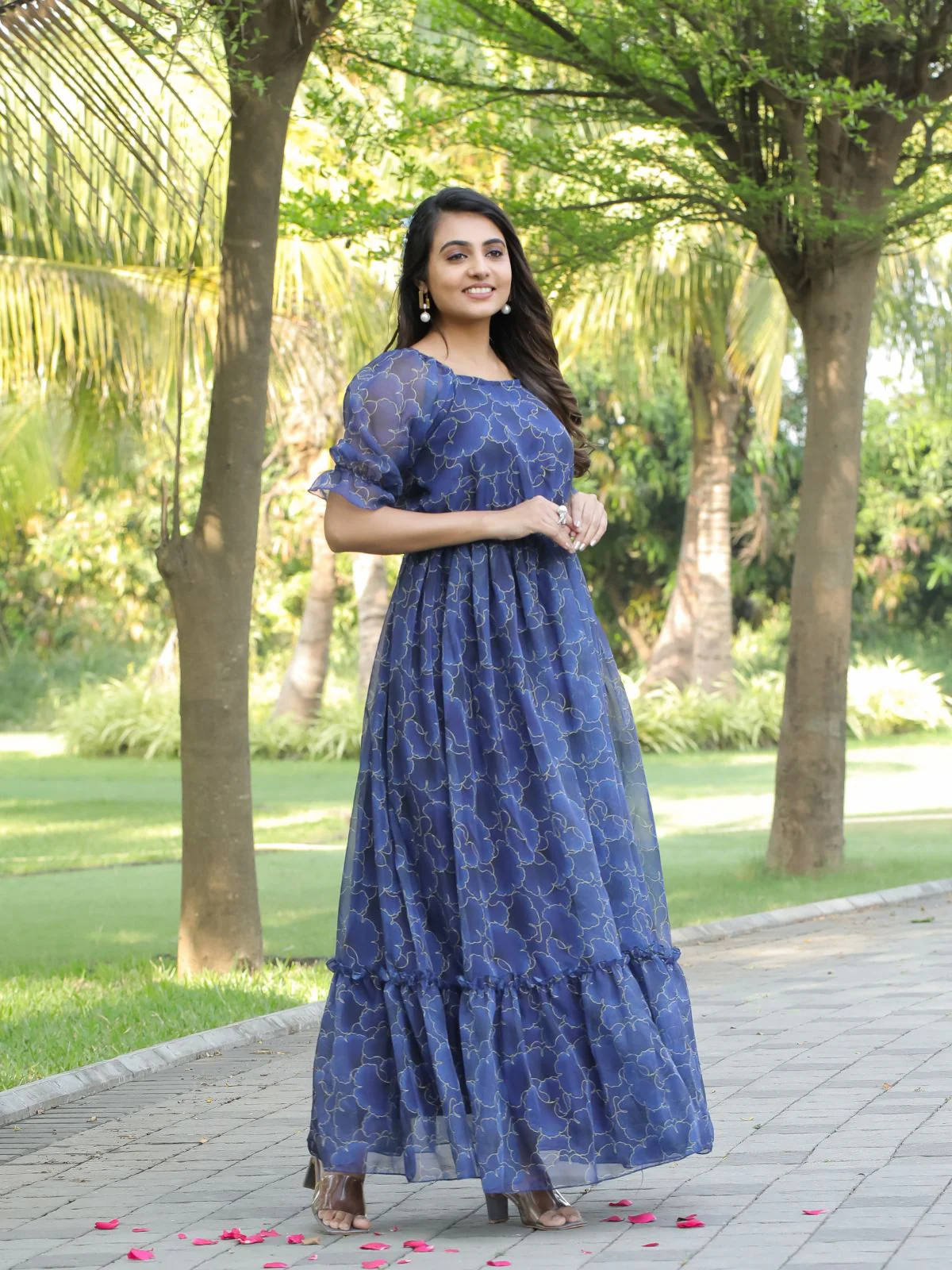 Odette Dark Blue Georgette Stitched Printed Indo Western Dress For Women - Image 4