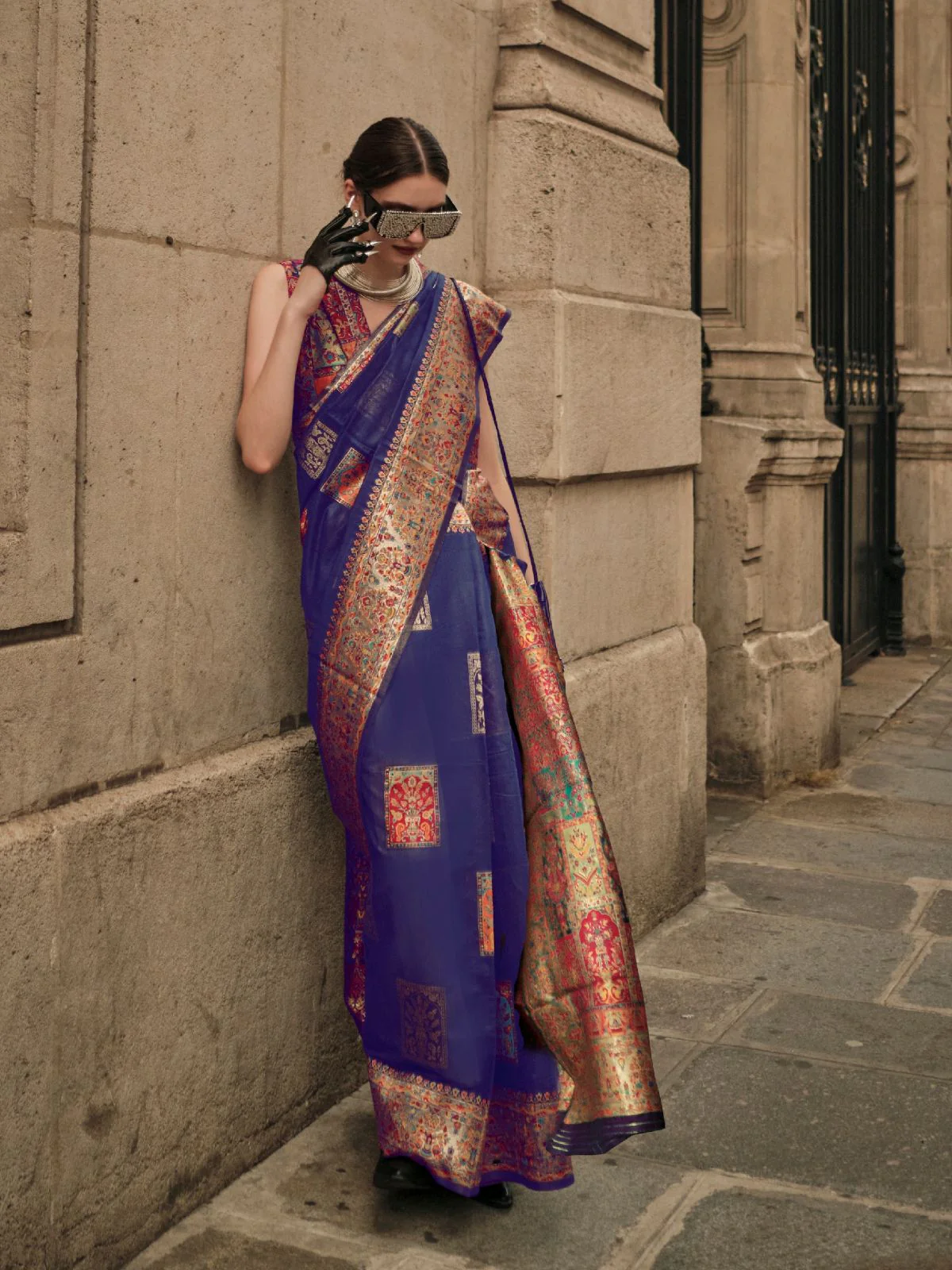Odette Dark Blue Modal Woven Saree With Unstitched Blouse For Women