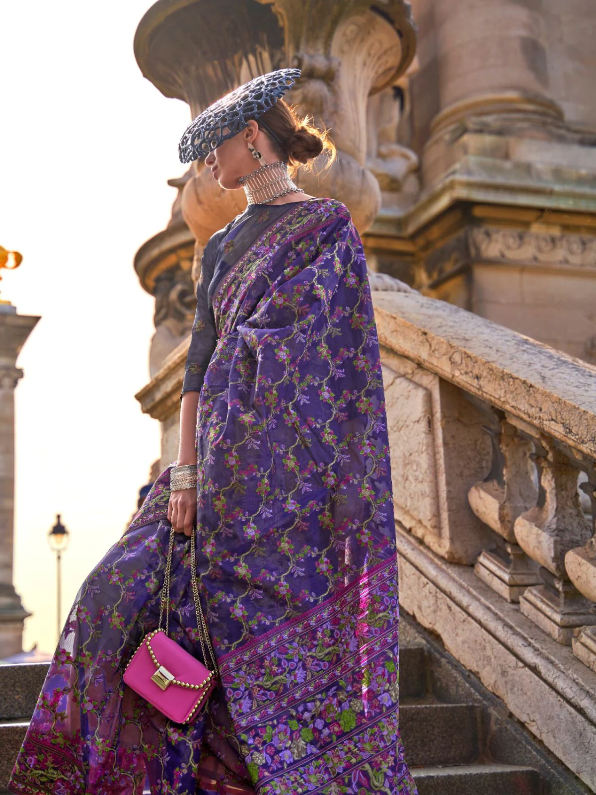 Odette Dark Blue Organza Woven Saree With Unstitched Blouse For Women - Image 2