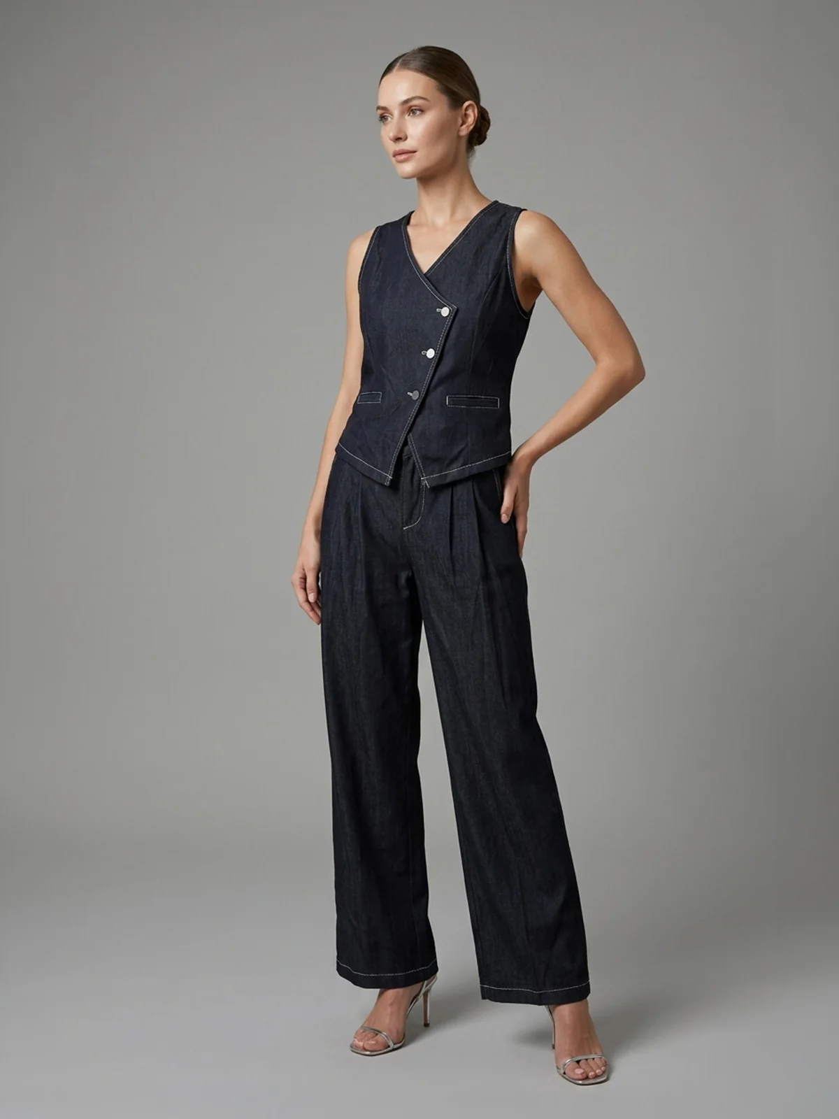 Odette Dark Blue Poly Cotton Solid Coord Set For Women
