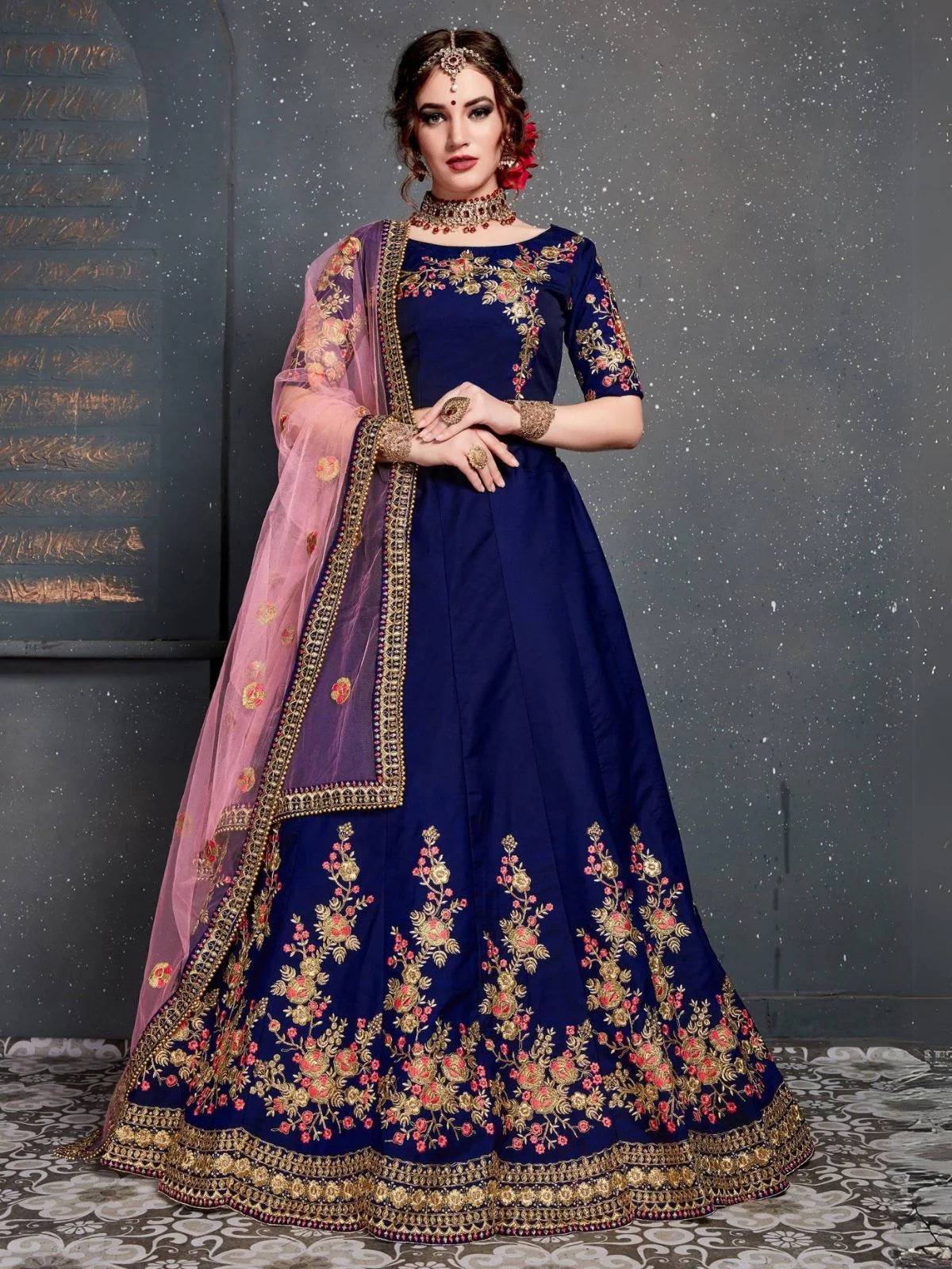 Odette Dark Blue Satin Silk Embroidered Semi Stitched Lehenga With Blouse For Women