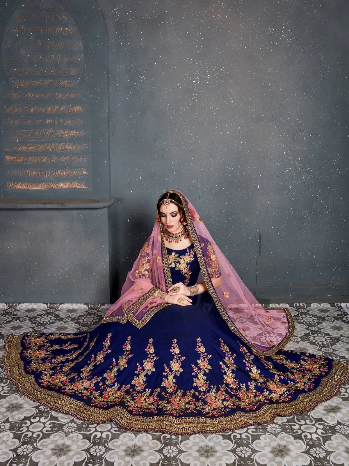 Odette Dark Blue Satin Silk Embroidered Semi Stitched Lehenga With Blouse For Women - Image 4