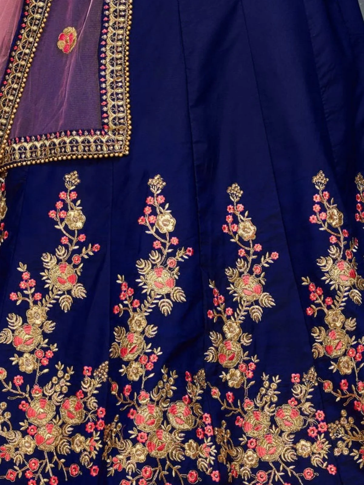 Odette Dark Blue Satin Silk Embroidered Semi Stitched Lehenga With Blouse For Women - Image 6