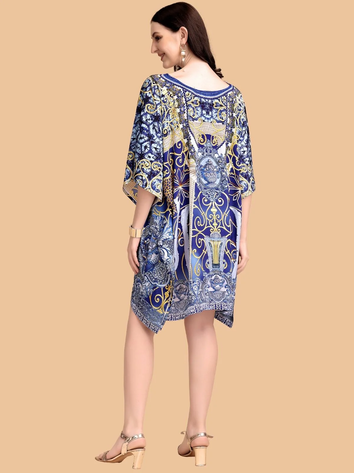 Odette Dark Blue Silk Blend Printed Kaftan For Women - Image 3