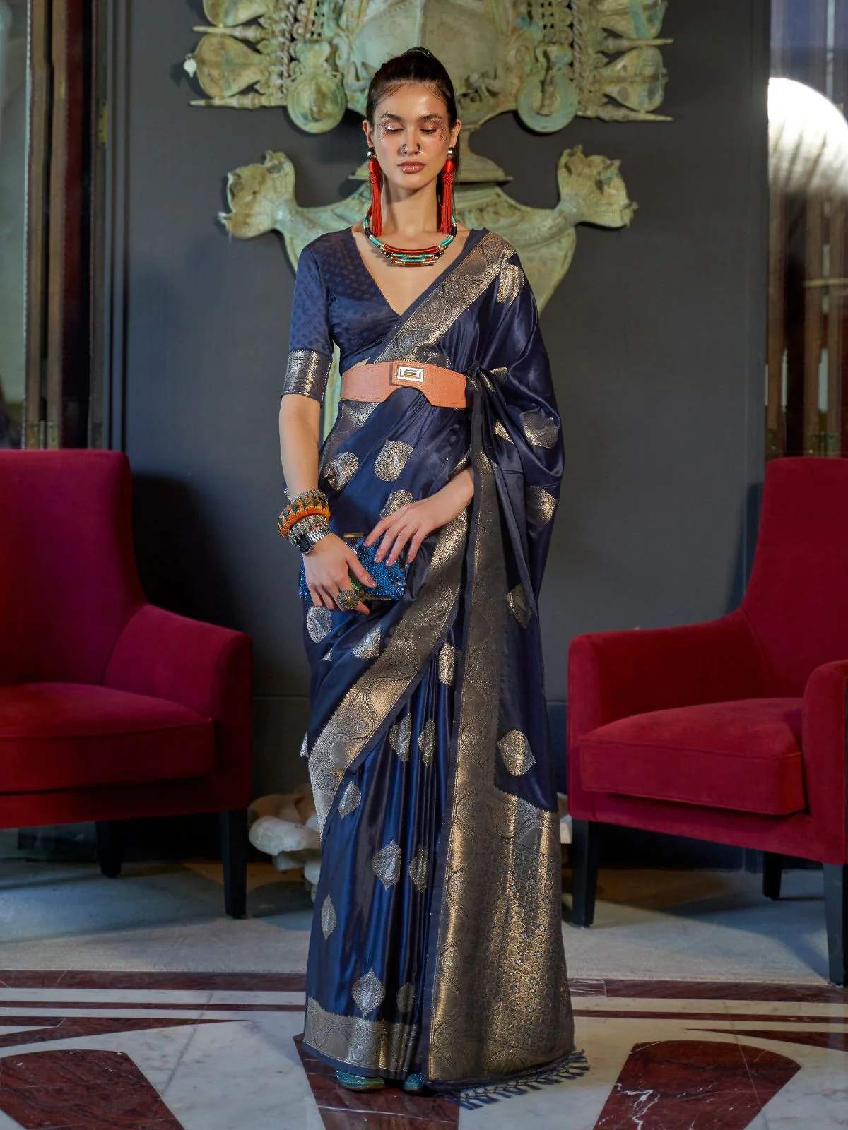 Odette Dark Blue Silk Blend Woven Saree With Unstitched Blouse for Women