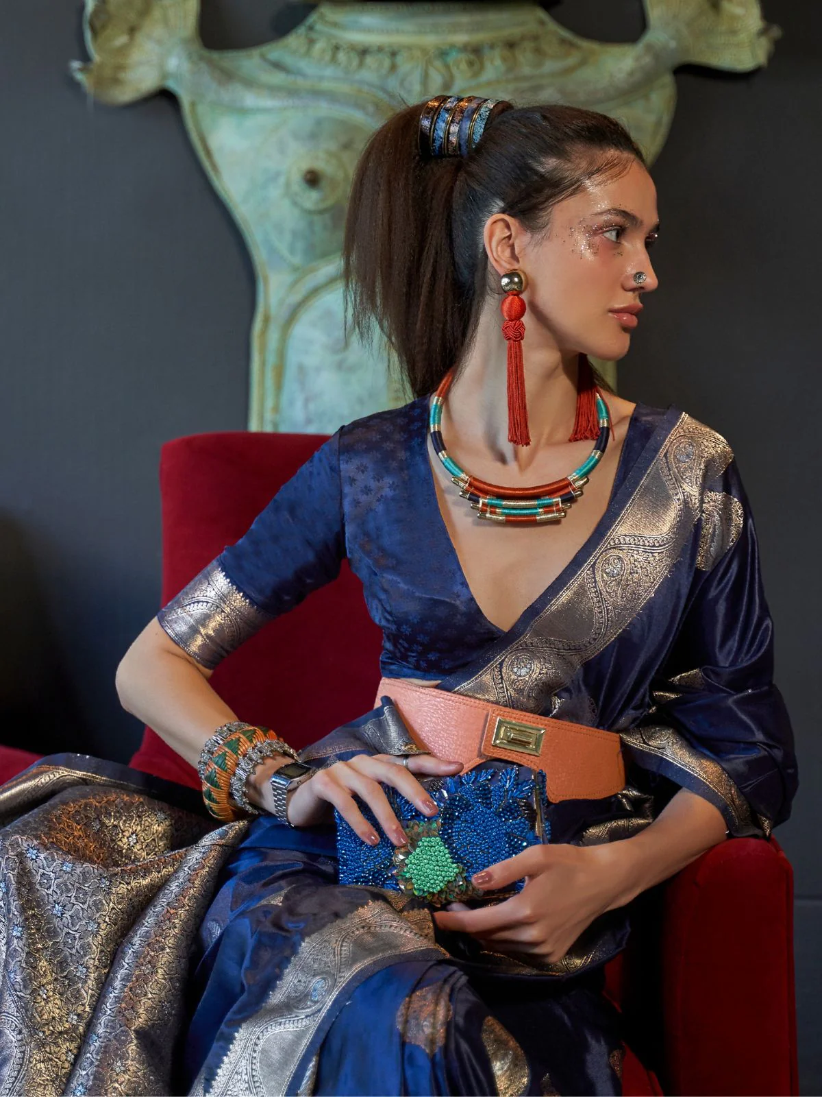 Odette Dark Blue Silk Blend Woven Saree With Unstitched Blouse for Women - Image 2
