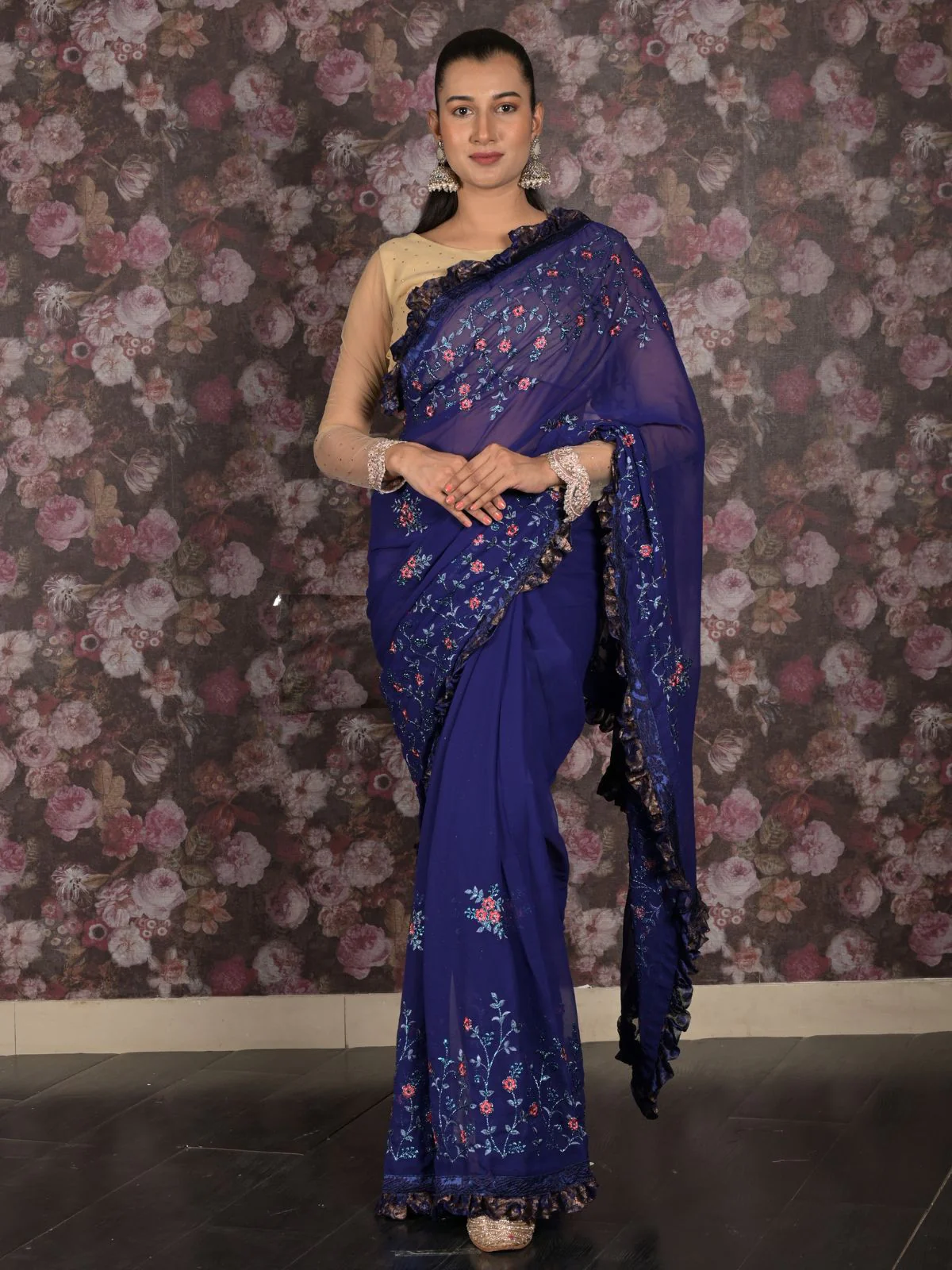 Odette Dark Blue Thread Embroidered Georgette Ruffles Saree With Unstitched Blouse For Women - Image 2