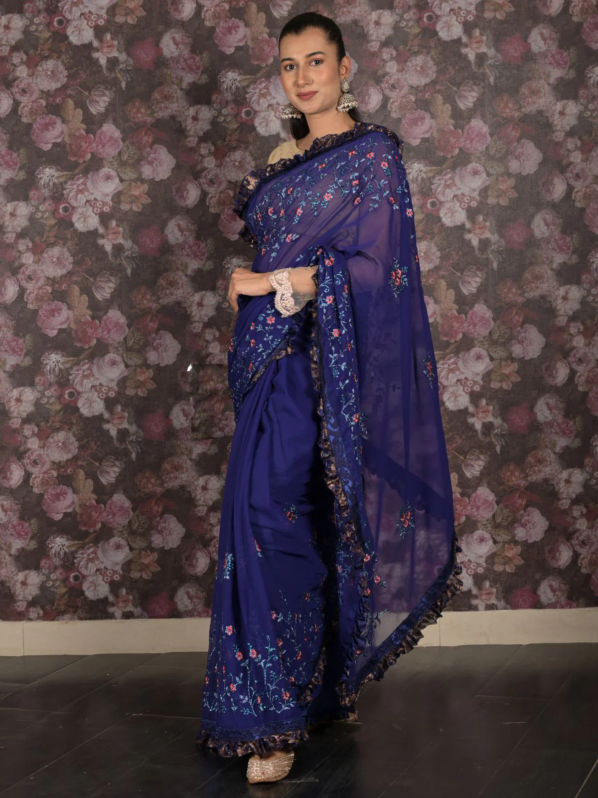 Odette Dark Blue Thread Embroidered Georgette Ruffles Saree With Unstitched Blouse For Women - Image 3