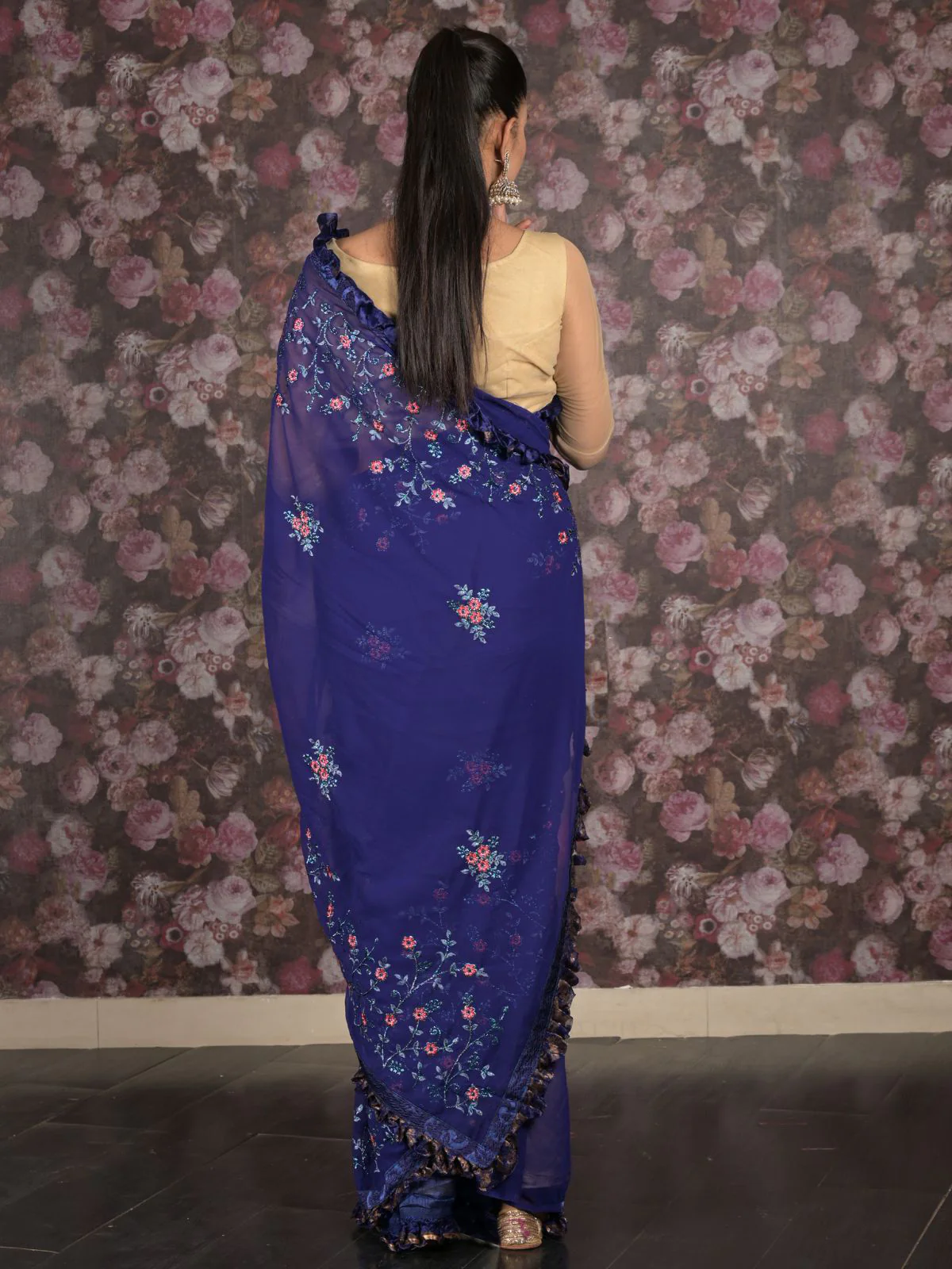 Odette Dark Blue Thread Embroidered Georgette Ruffles Saree With Unstitched Blouse For Women - Image 4
