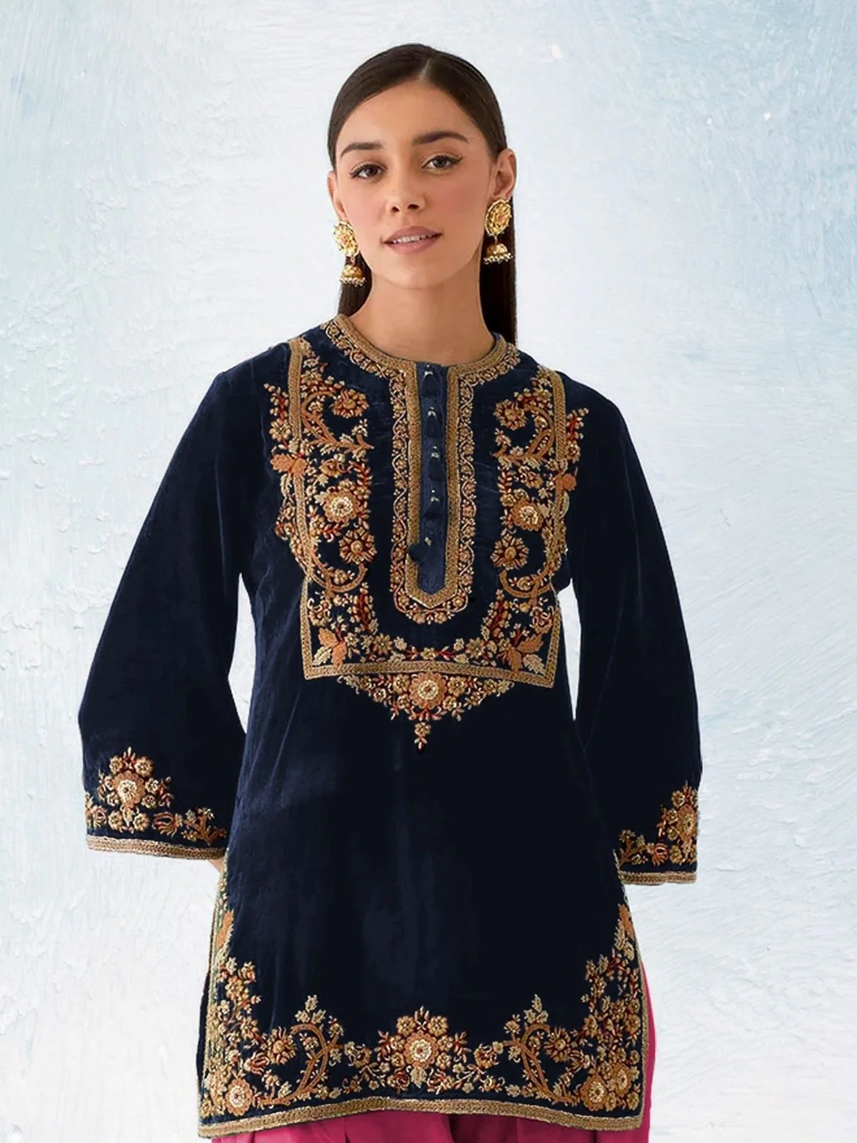 Odette Dark Blue Velvet Embroidered Semi-Sitched Kurta Set For Women - Image 2